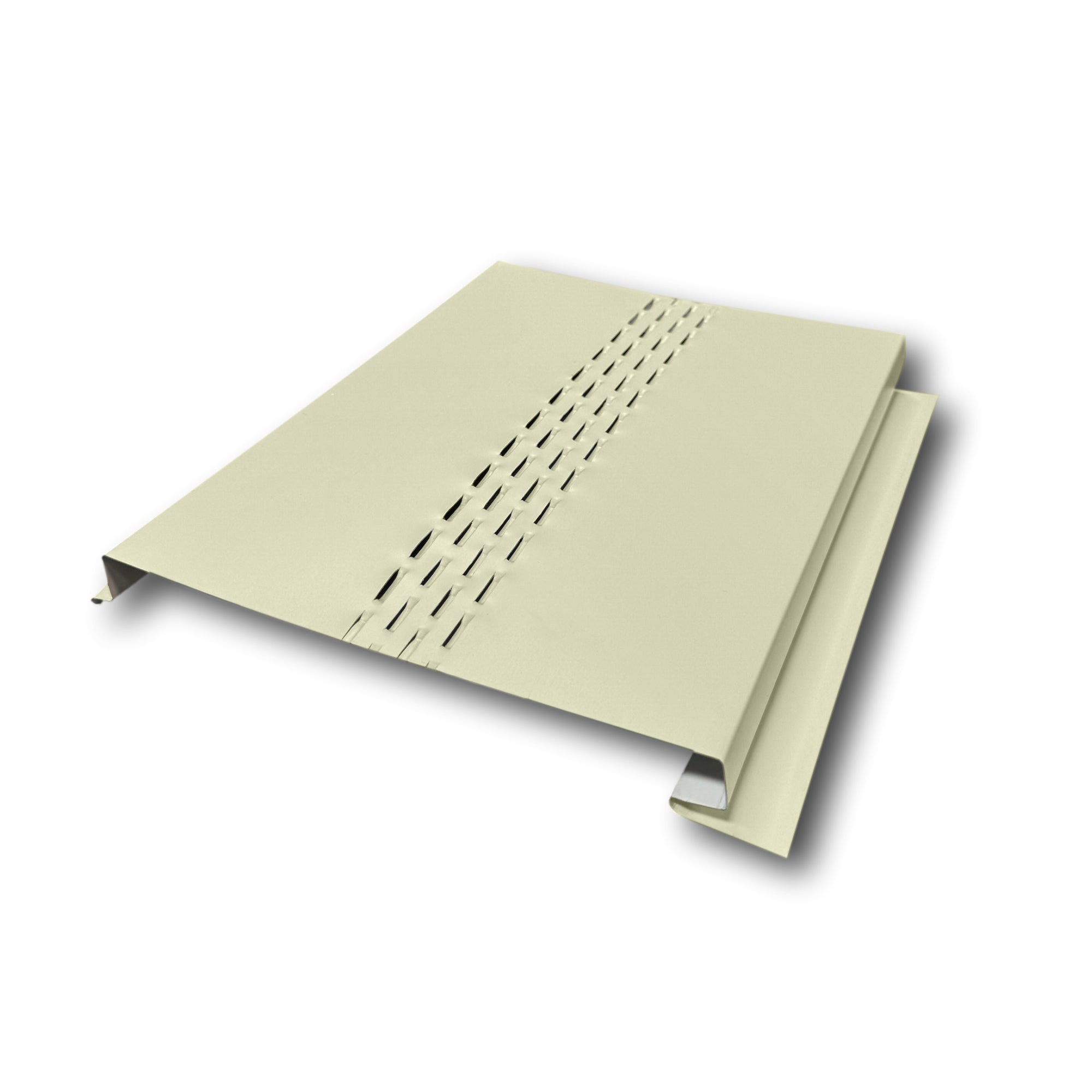 A Painted Steel Vented Soffit Panel on a white background. The Soffit Panel is Lightstone in color. 