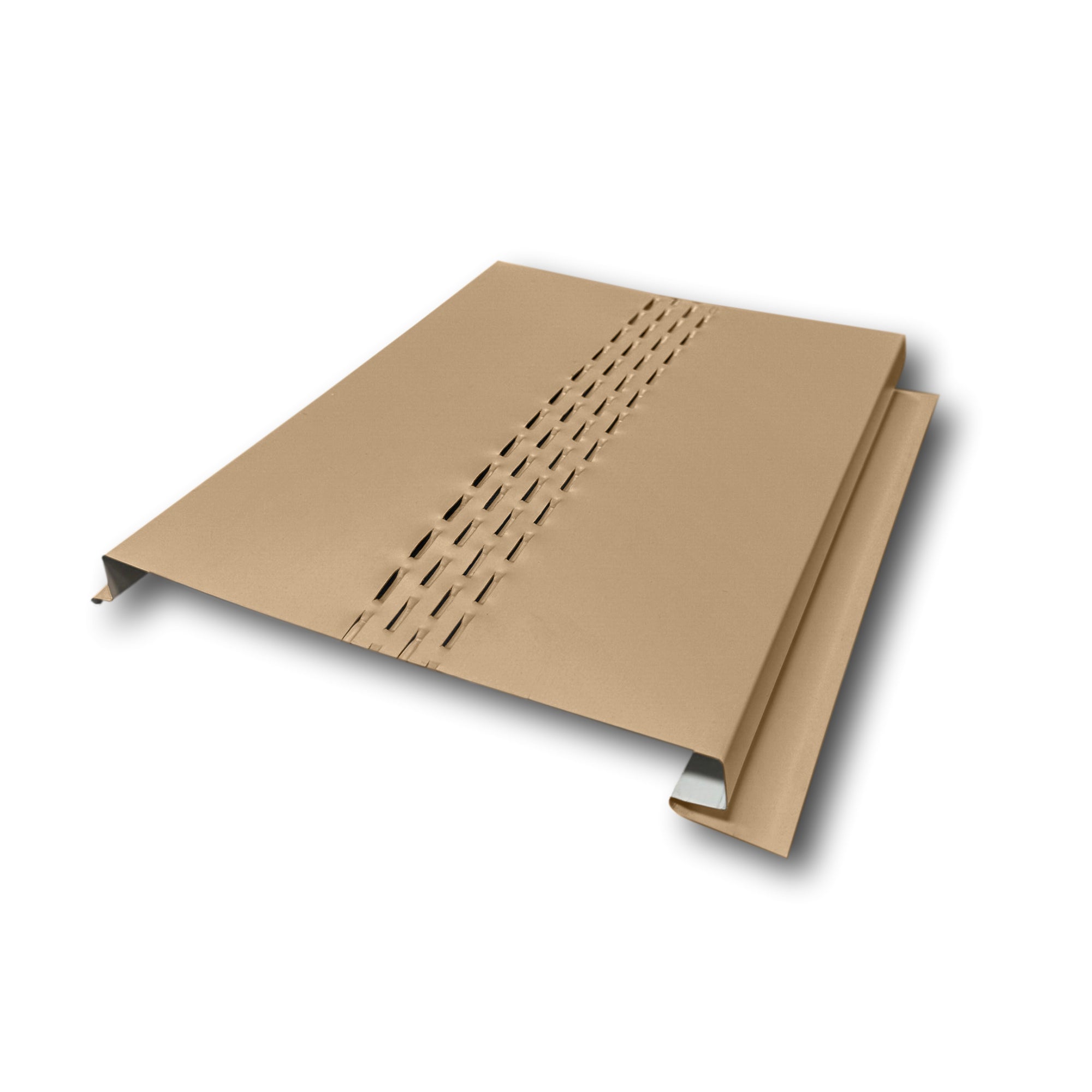 A Painted Steel Vented Soffit Panel on a white background. The Soffit Panel is Sahara Tan  in color. 
