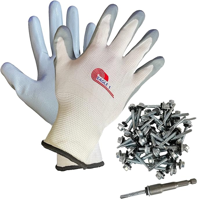 A pipe boot installation kit that includes a pair of nitrile coated gloves, a pack of number 12 diameter self-drilling roofing screws that are 1.5 inches long, and a magnetic hex bit driver. 