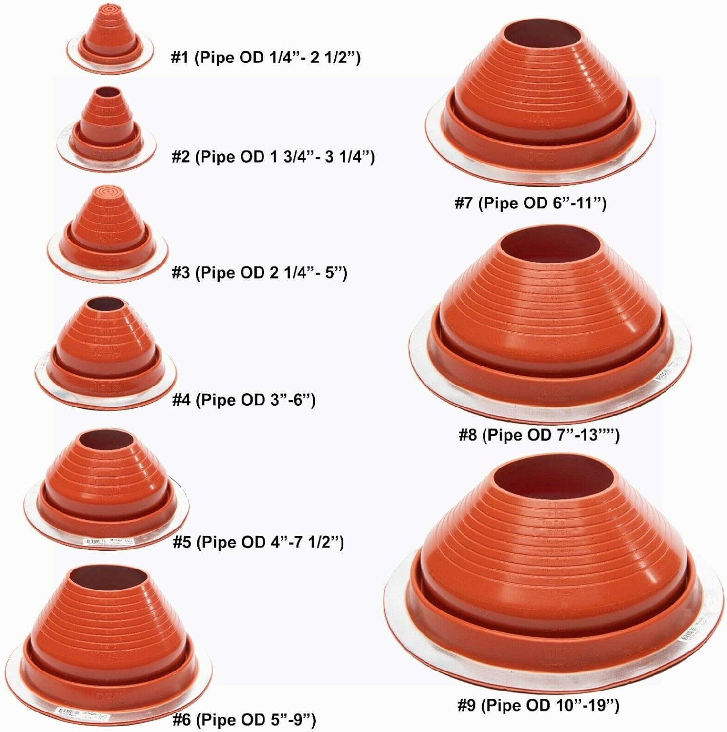 A diagram showing the Red Round Metal Roofing Pipe Boots and the Pipe Diameter sizes. #1 (Pipe OD 1/4"-2 1/2"), #2 (Pipe OD 1 3/4"-3 1/4"), #3 (Pipe OD 2 1/4"-5"), #4 (Pipe OD 3"-6"), #5 (Pipe OD 4"-7 1/2"), #6 (Pipe OD 5"-9"), #7 (Pipe OD 6"-11"), #8 (pipe OD 7"-13"), #9 (Pipe OD 10"-19").