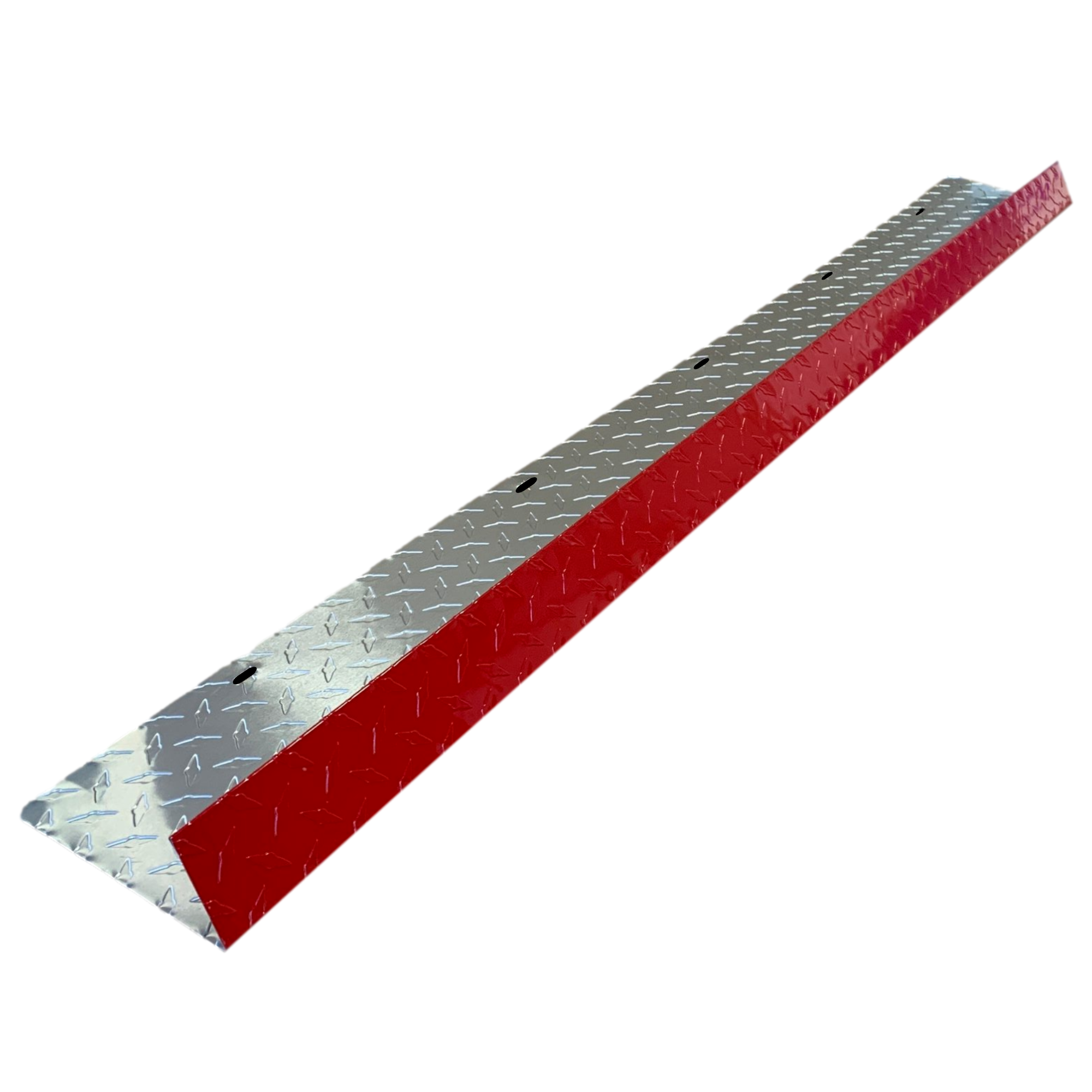 A shingle roof rain diverter that is meant to install over door ways and windows to divert rain water. The rain diverter is made of aluminum diamond tread plate and is Red in color. 