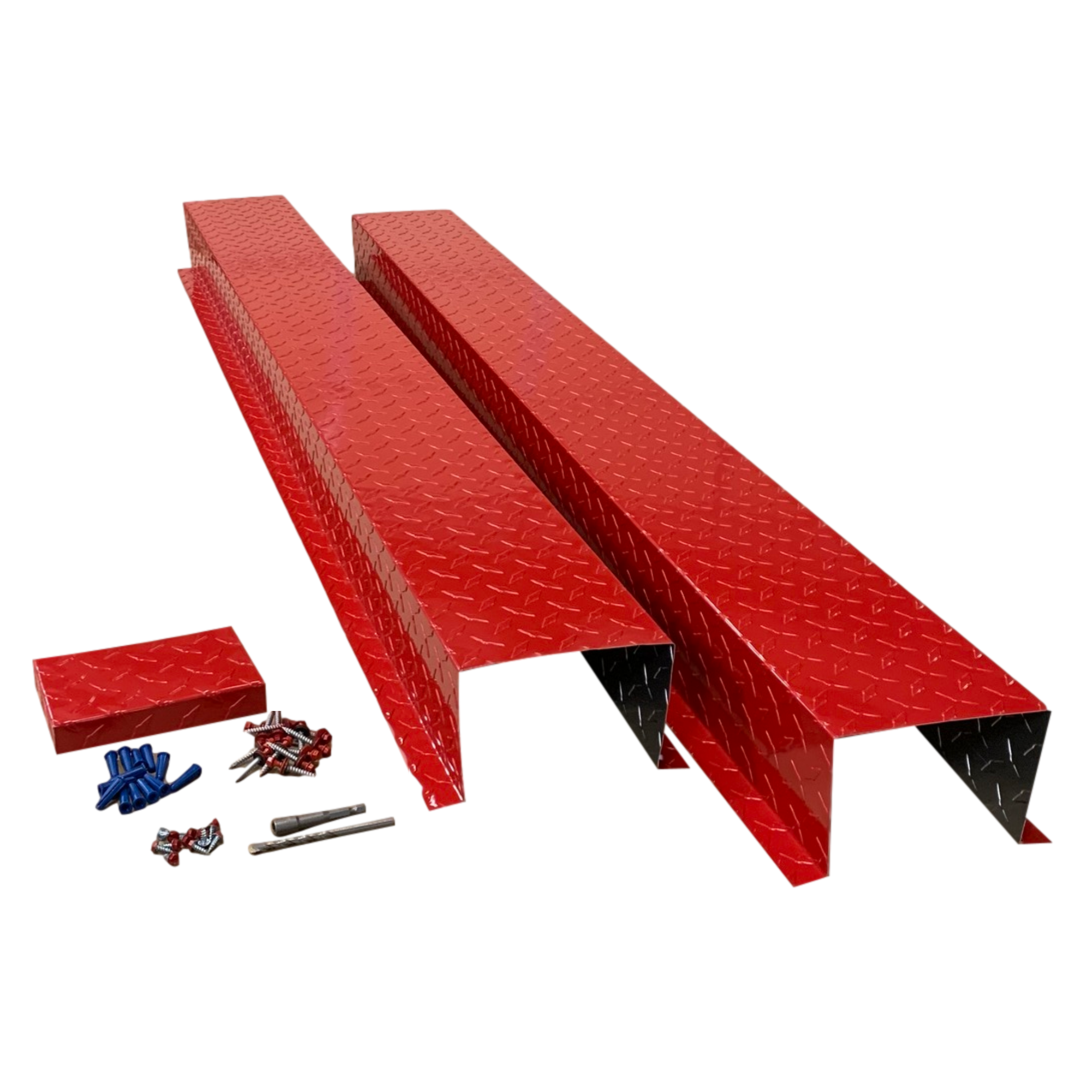 A set of PermaCover HVAC Line Set Covers that consists of two 5 FT sections, two end caps, fasteners, and a hex bit driver and masonry bit. The sections are made for covering existing HVAC line sets, and are made of aluminum diamond tread plate in the color Red. 