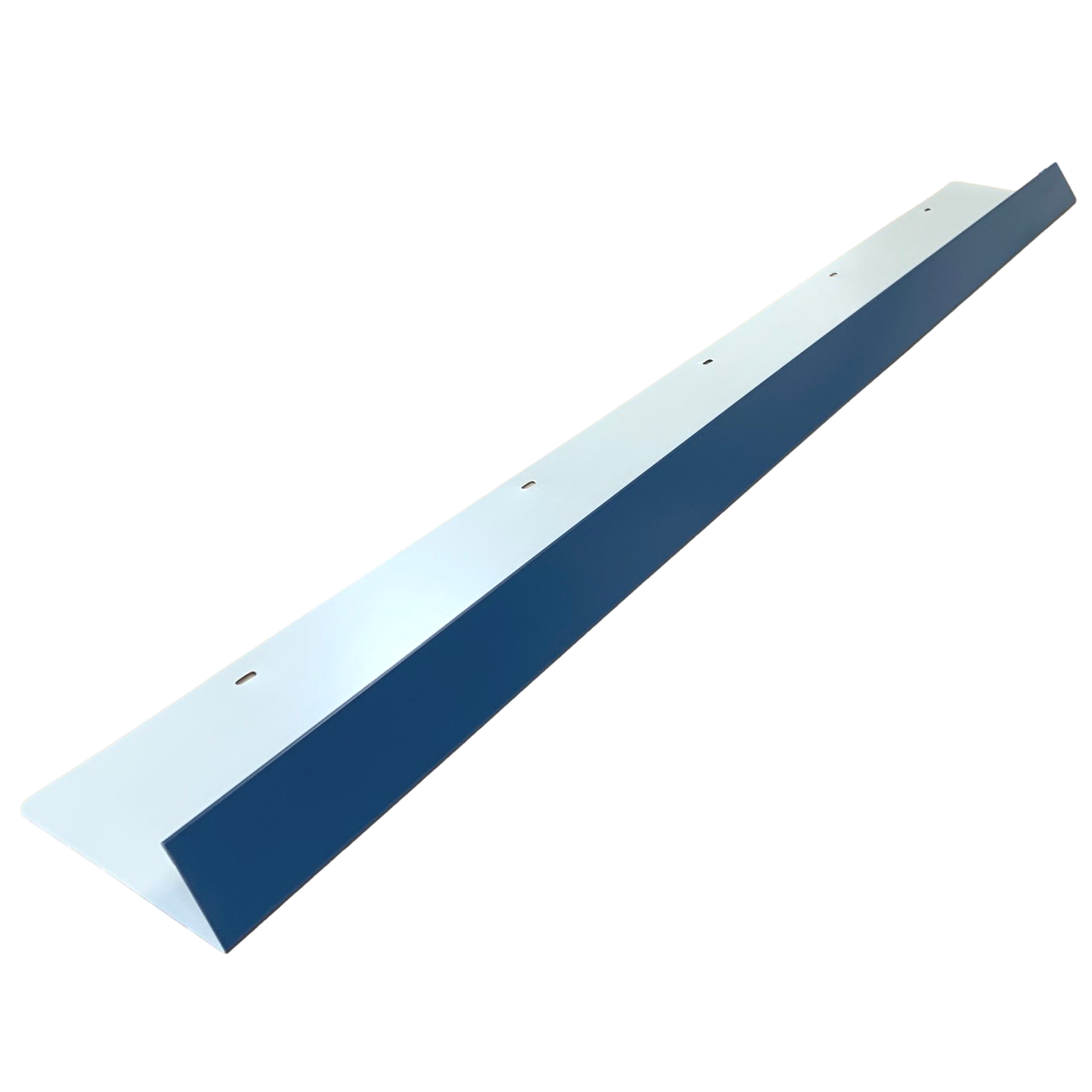 A shingle roof rain diverter that is meant to install over door ways and windows to divert rain water. The rain diverter is  made of 26 gauge painted steel and is Regal Blue in color. 