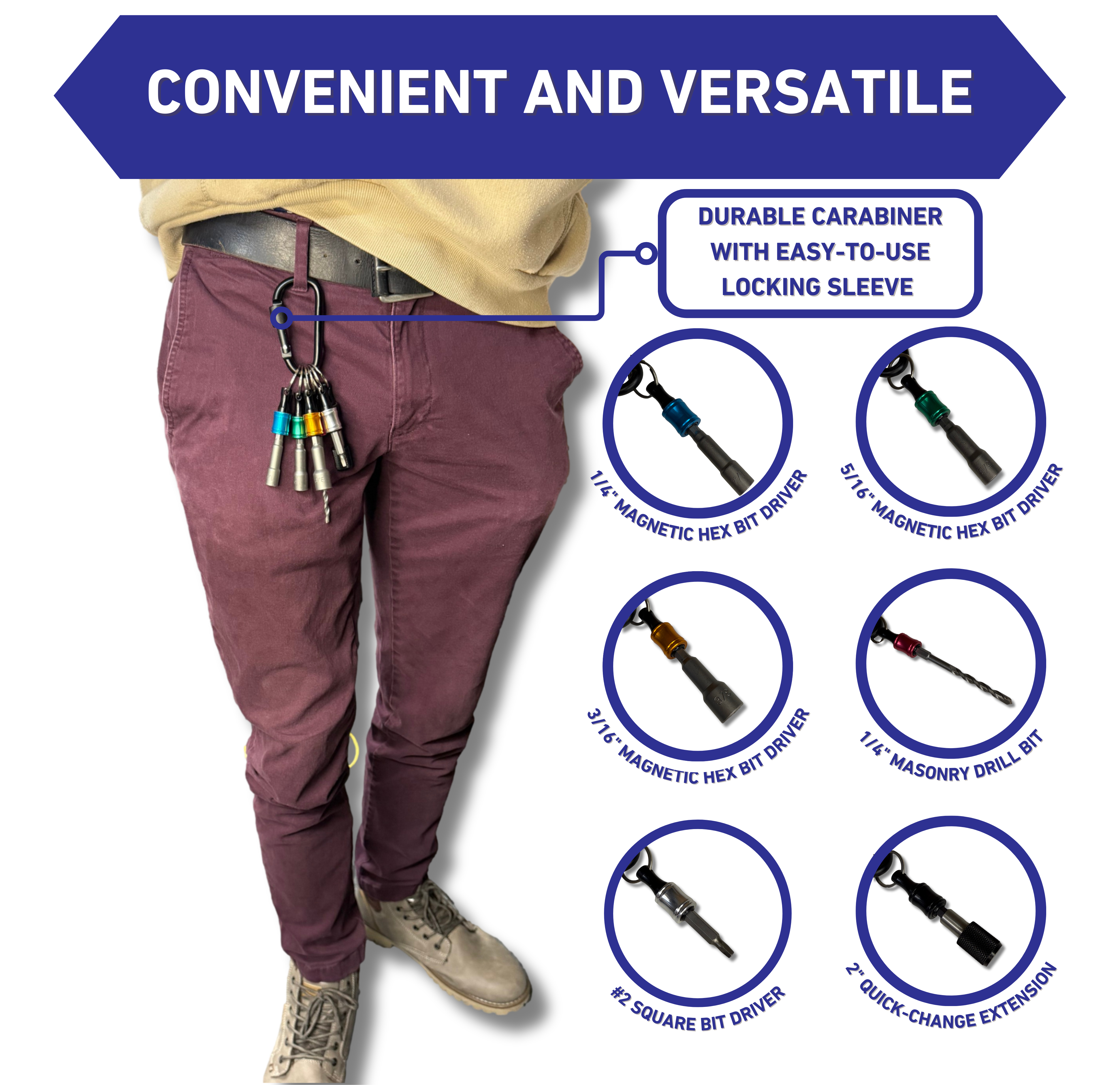 An infographic showing the key chain clipped to a belt loop, and highlighting all of the features it has, such as a durable carabiner with an easy-to-use locking sleeve. It also shows the three different sizes of magnetic hex bit drivers, the masonry bit, the square bit driver, and quick-change extension that are included on the keychain. 