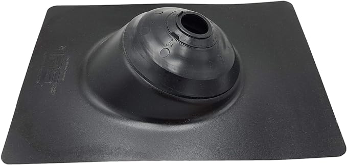 A shingle roof pipe flashing boot meant to install over pipes on a shingle roof. The boot has a black base.