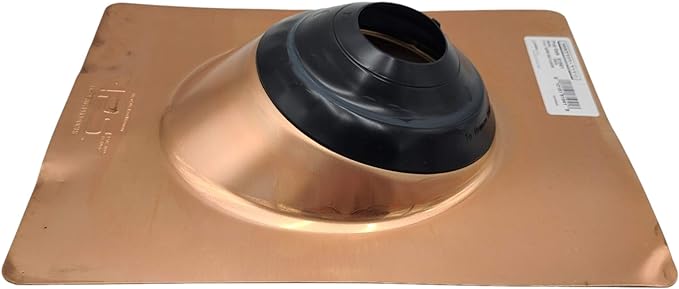 A shingle roof pipe flashing boot meant to install over pipes on a shingle roof. The boot has a copper base.