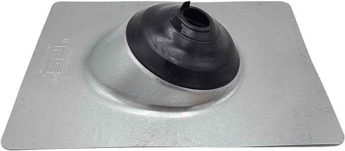 A shingle roof pipe flashing boot meant to install over pipes on a shingle roof. The boot has a galvanized steel base.