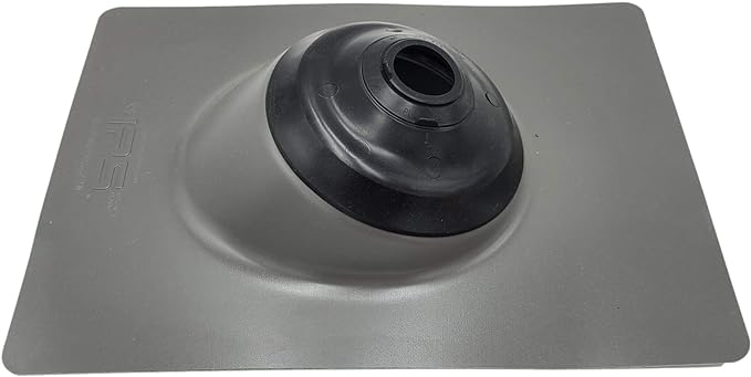 A shingle roof pipe flashing boot meant to install over pipes on a shingle roof. The boot has a gray base.