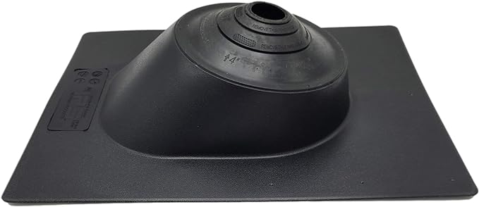 A shingle roof pipe flashing boot meant to install over pipes on a shingle roof. The boot has a plastic base.