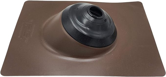 A shingle roof pipe flashing boot meant to install over pipes on a shingle roof. The boot has a brown base.
