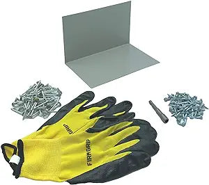 A shingle step flashing kit that includes shingle step flashing, roofing nails, sheet metal screws, nitrile coated gloves, and a magnetic hex bit driver. The shingle step flashing is used on shingle roofs when installing shingle panels against a wall. The step flashing is made from 26 gauge painted steel and is Ash Gray in color. 