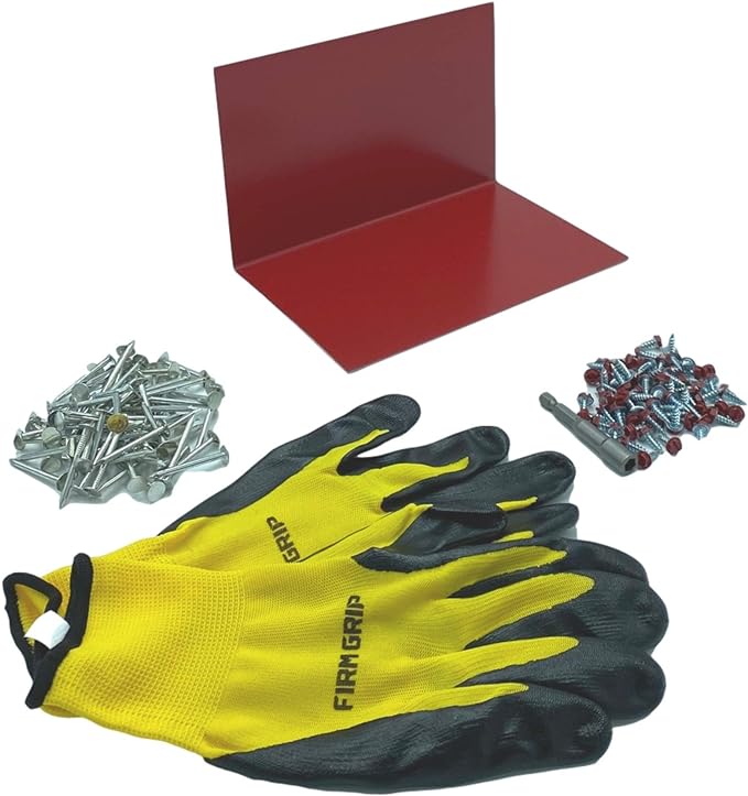 A shingle step flashing kit that includes shingle step flashing, roofing nails, sheet metal screws, nitrile coated gloves, and a magnetic hex bit driver. The shingle step flashing is used on shingle roofs when installing shingle panels against a wall. The step flashing is made from 26 gauge painted steel and is Bright Red in color. 