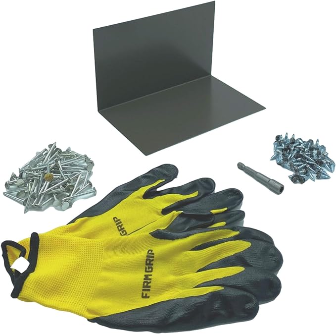 A shingle step flashing kit that includes shingle step flashing, roofing nails, sheet metal screws, nitrile coated gloves, and a magnetic hex bit driver. The shingle step flashing is used on shingle roofs when installing shingle panels against a wall. The step flashing is made from 26 gauge painted steel and is Burnished Slate in color. 