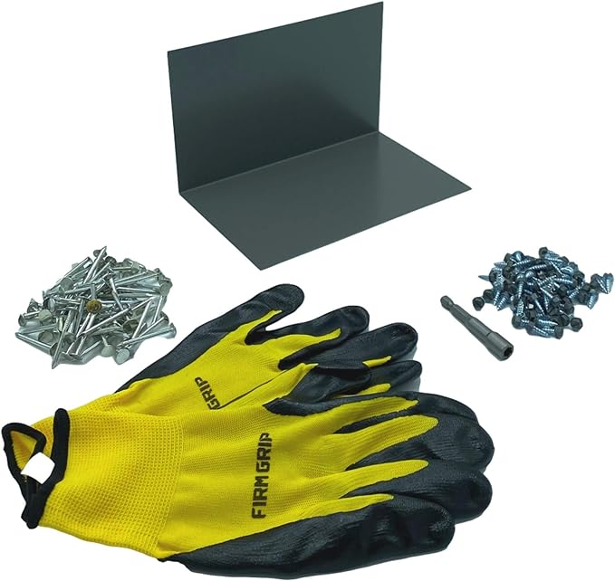 A shingle step flashing kit that includes shingle step flashing, roofing nails, sheet metal screws, nitrile coated gloves, and a magnetic hex bit driver. The shingle step flashing is used on shingle roofs when installing shingle panels against a wall. The step flashing is made from 26 gauge painted steel and is Charcoal Gray in color. 