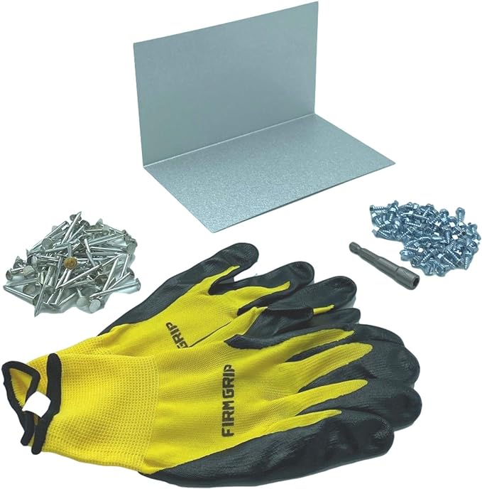 A shingle step flashing kit that includes shingle step flashing, roofing nails, sheet metal screws, nitrile coated gloves, and a magnetic hex bit driver. The shingle step flashing is used on shingle roofs when installing shingle panels against a wall. The step flashing is made from 26 gauge Galvalume Steel. 