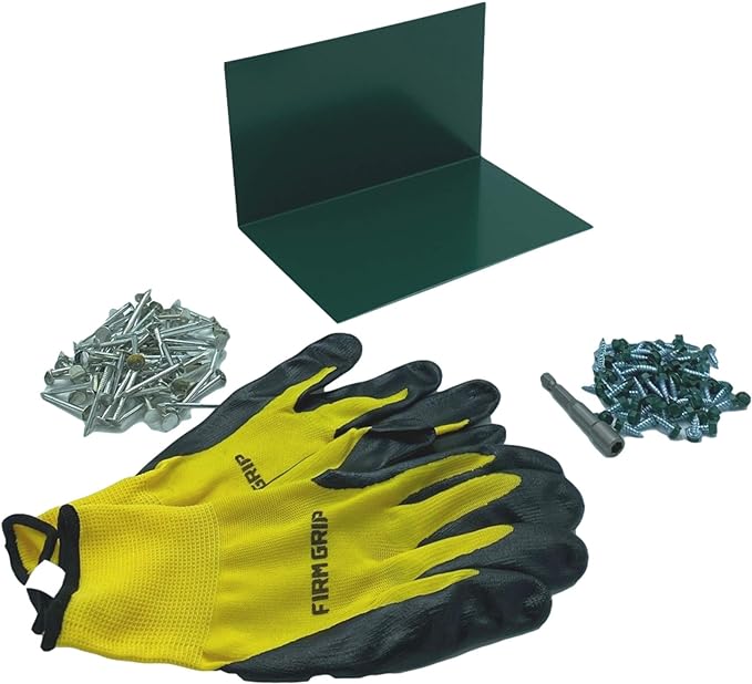 A shingle step flashing kit that includes shingle step flashing, roofing nails, sheet metal screws, nitrile coated gloves, and a magnetic hex bit driver. The shingle step flashing is used on shingle roofs when installing shingle panels against a wall. The step flashing is made from 26 gauge painted steel and is Forest Green in color. 