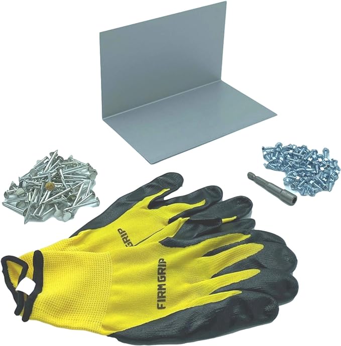 A shingle step flashing kit that includes shingle step flashing, roofing nails, sheet metal screws, nitrile coated gloves, and a magnetic hex bit driver. The shingle step flashing is used on shingle roofs when installing shingle panels against a wall. The step flashing is made from 26 gauge Paintable Steel. 