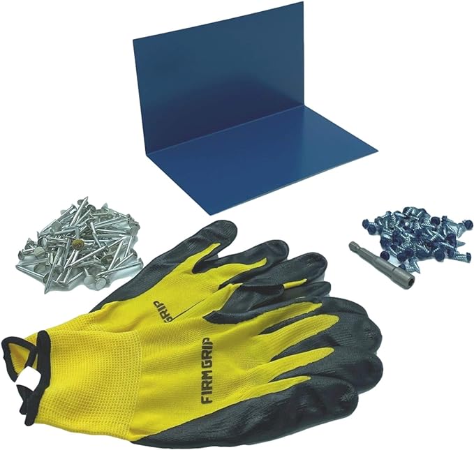 A shingle step flashing kit that includes shingle step flashing, roofing nails, sheet metal screws, nitrile coated gloves, and a magnetic hex bit driver. The shingle step flashing is used on shingle roofs when installing shingle panels against a wall. The step flashing is made from 26 gauge painted steel and is Regal Blue in color. 