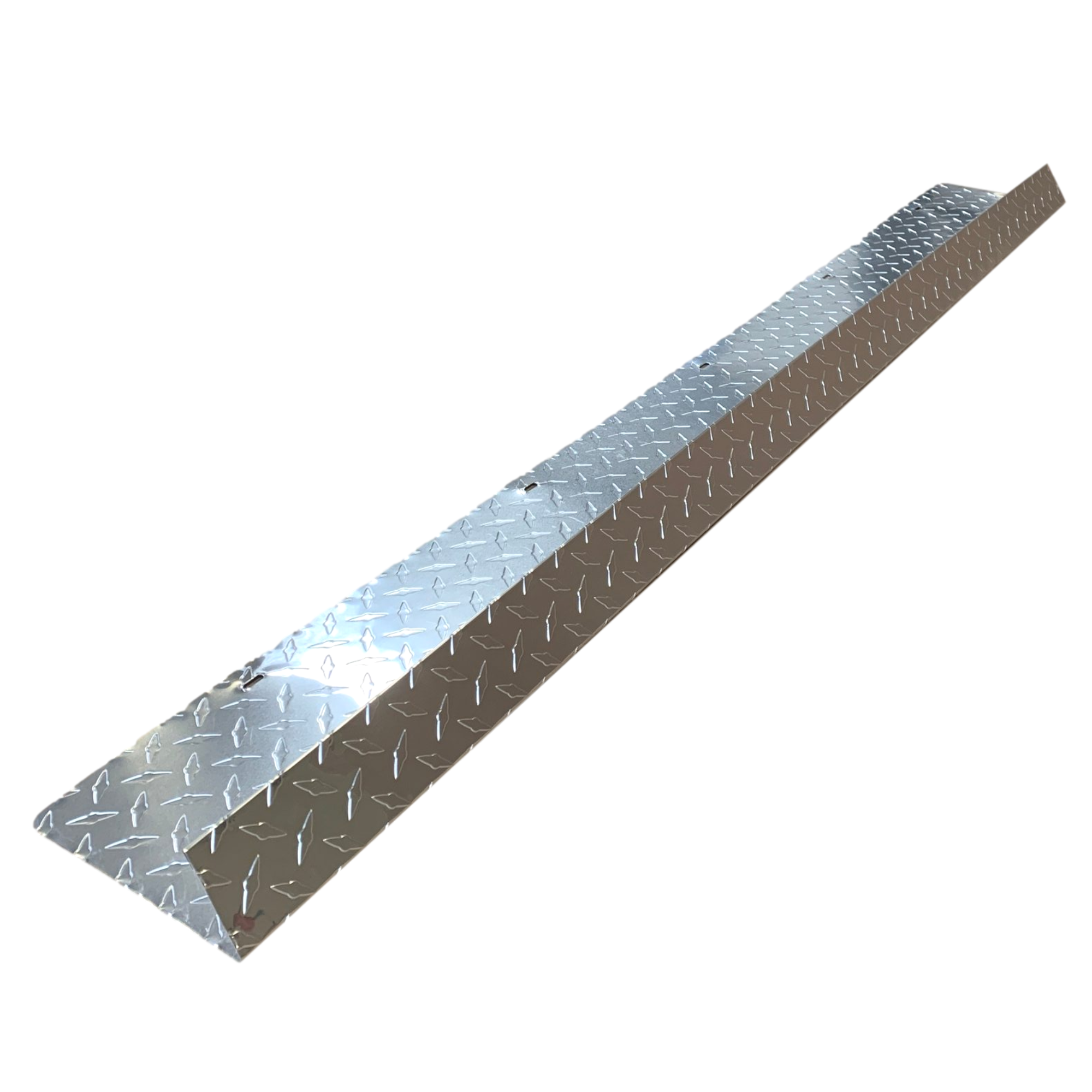 A shingle roof rain diverter that is meant to install over door ways and windows to divert rain water. The rain diverter is made of aluminum diamond tread plate and are Silver in color. 