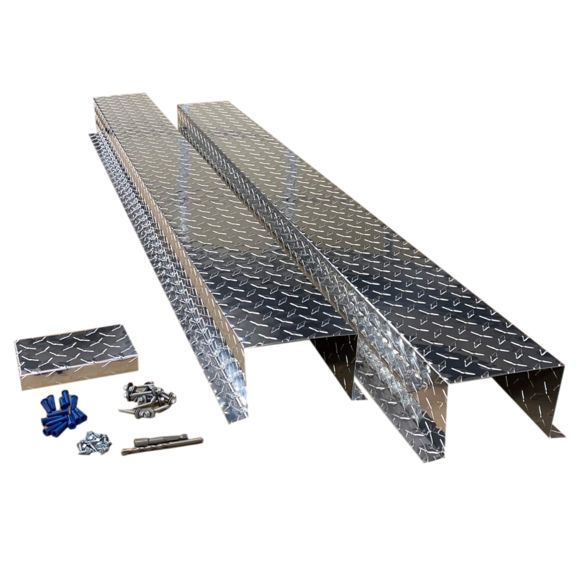 A set of PermaCover HVAC Line Set Covers that consists of two 5 FT sections, two end caps, fasteners, and a hex bit driver and masonry bit. The sections are made for covering existing HVAC line sets, and are made of aluminum diamond tread plate in the color Silver. 