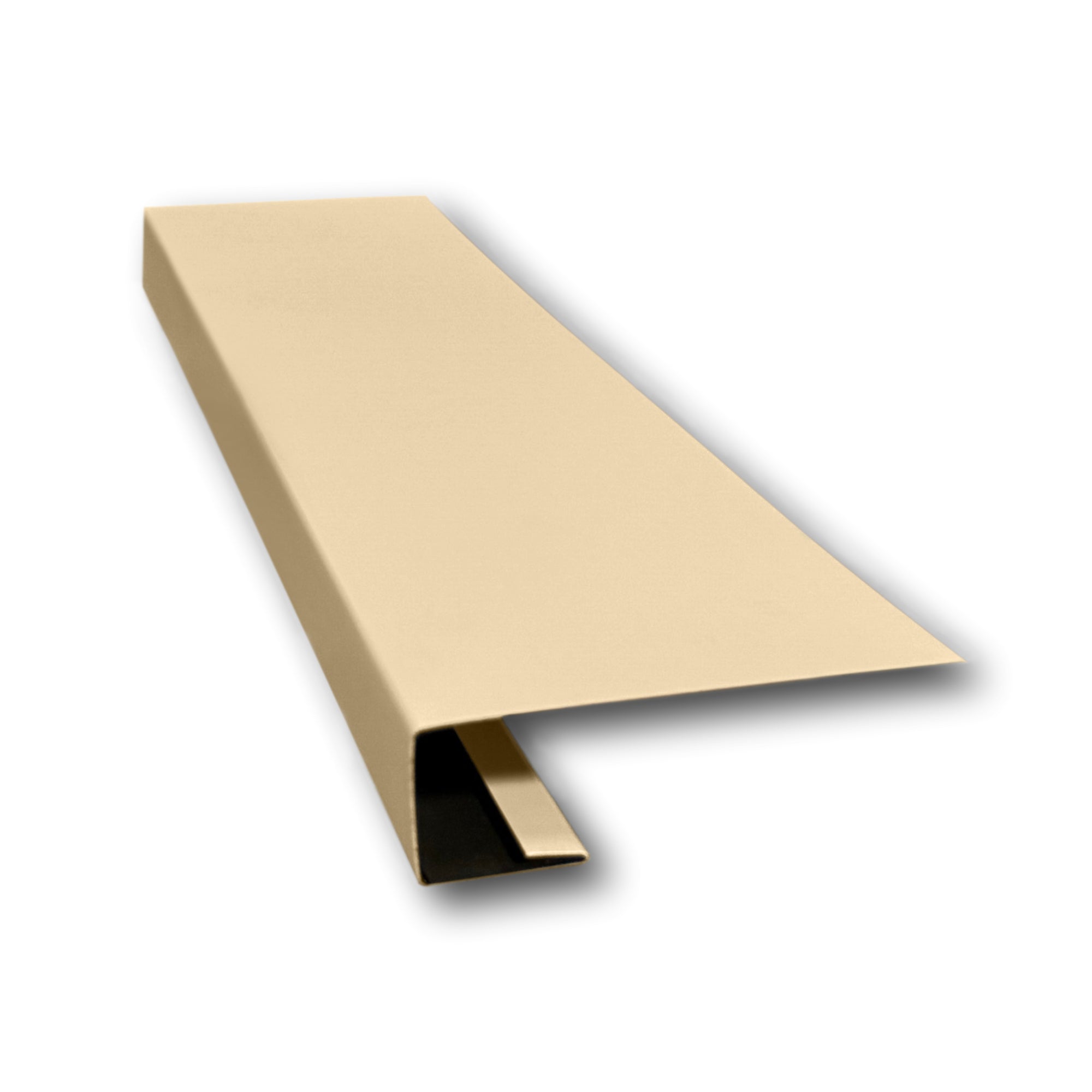 A piece of Aluminum J-Mold on a white background. The J-Mold has a Smooth Finish that is Ivory in color. 