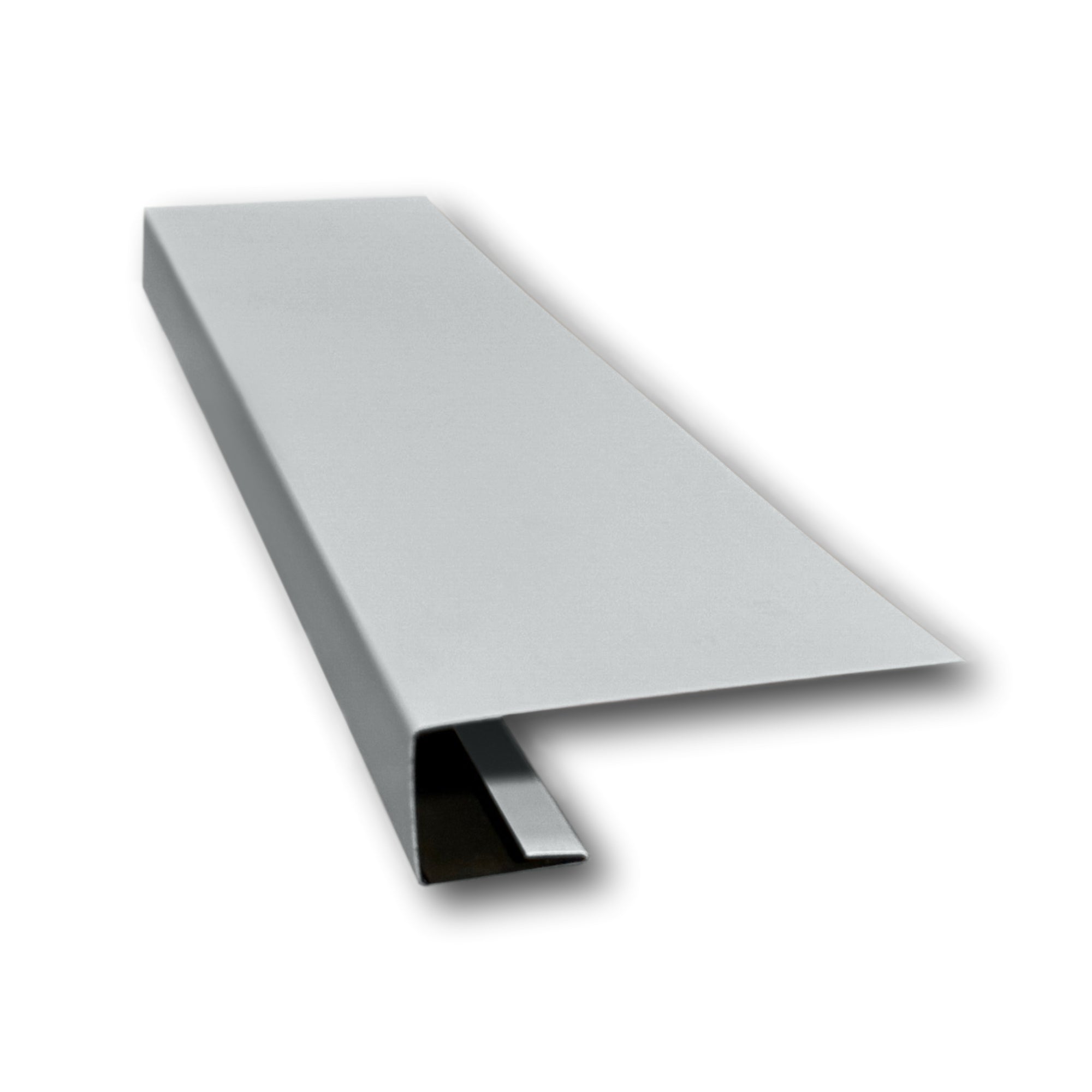 A piece of Aluminum J-Mold on a white background. The J-Mold has a Smooth Finish that is Pearl Gray in color. 