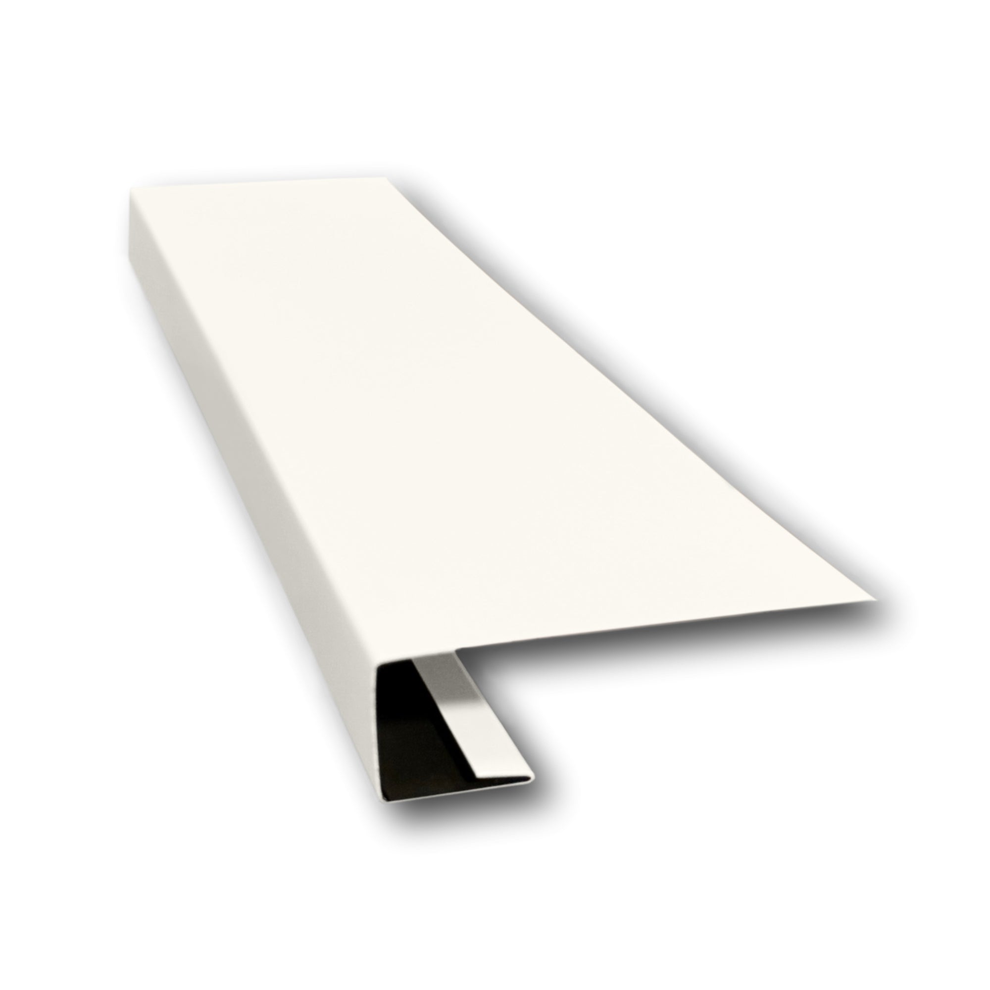 A piece of Aluminum J-Mold on a white background. The J-Mold has a Smooth Finish that is Linen in color. 
