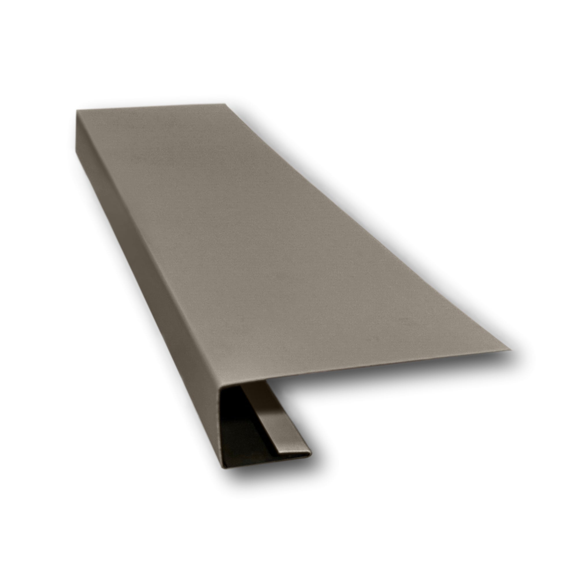A piece of Aluminum J-Mold on a white background. The J-Mold has a Smooth Finish that is Terratone Bronze in color. 