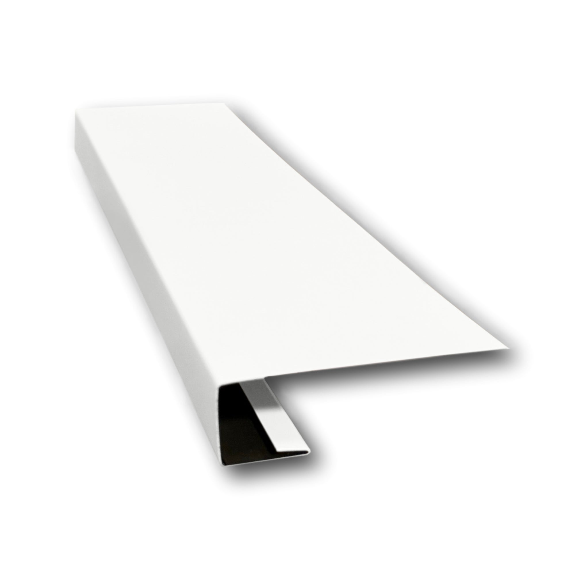 A piece of Aluminum J-Mold on a white background. The J-Mold has a Smooth Finish that is White in color. 