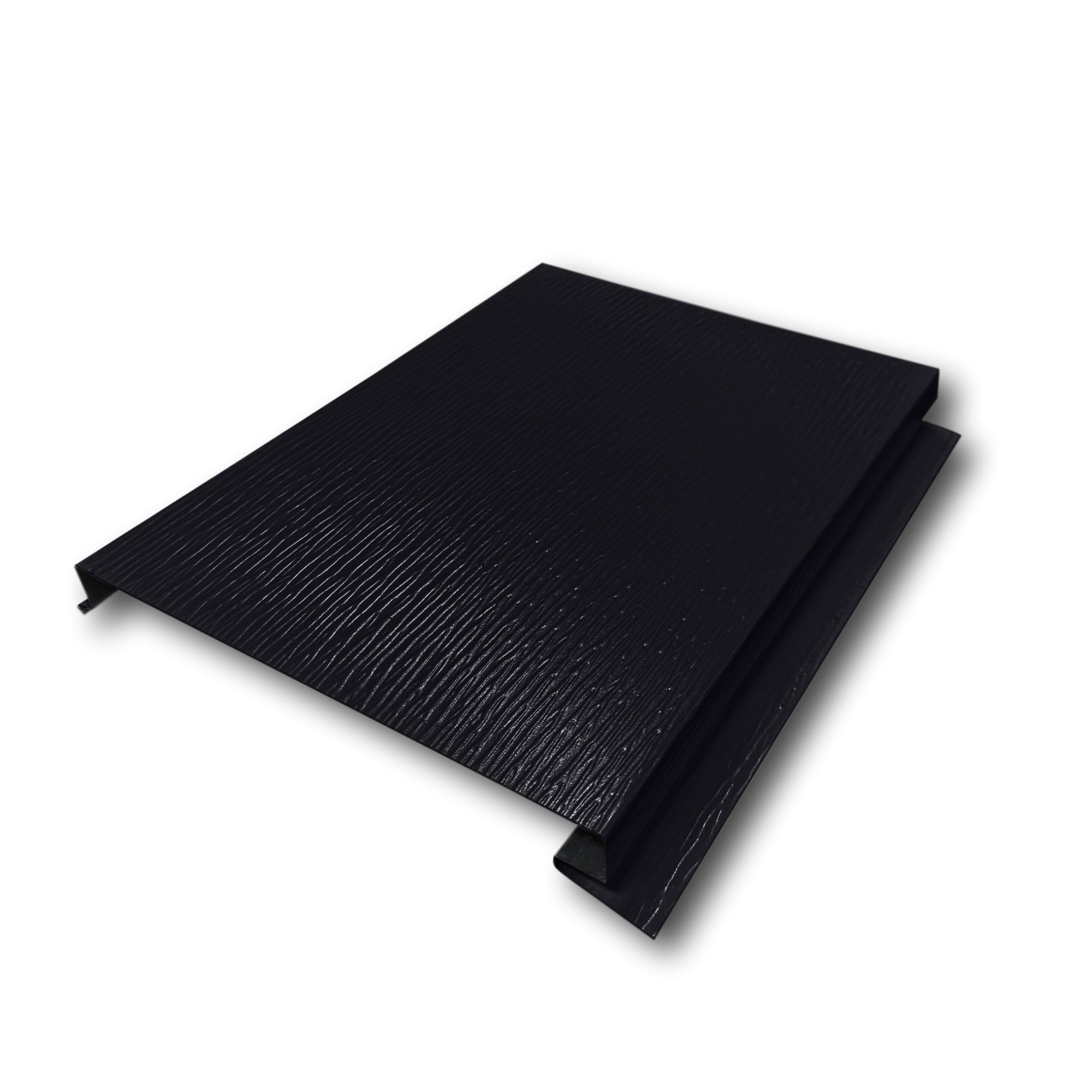 An Aluminum Soffit Panel on a white background that has a Woodgrain texture, a Solid design, and is Black in color. 