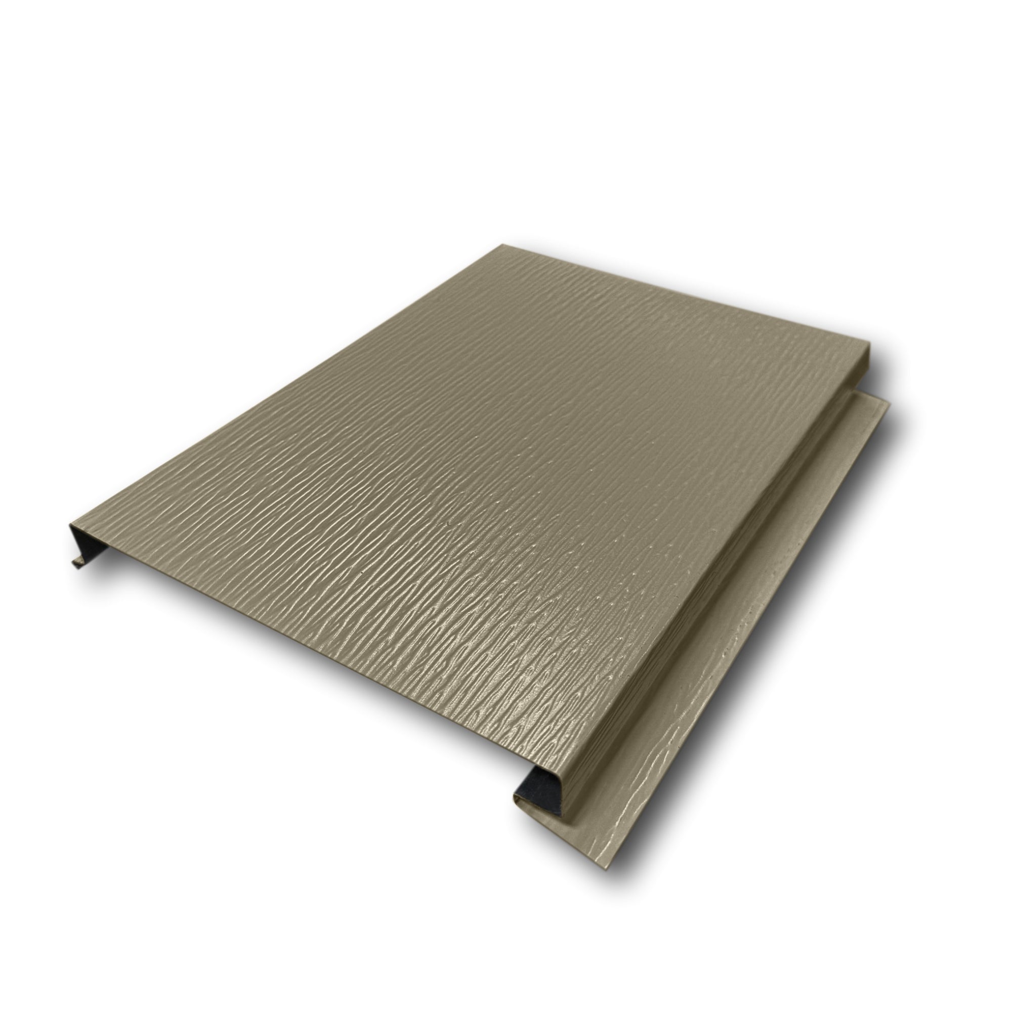 An Aluminum Soffit Panel on a white background that has a Woodgrain texture, a Solid design, and is Clay in color. 