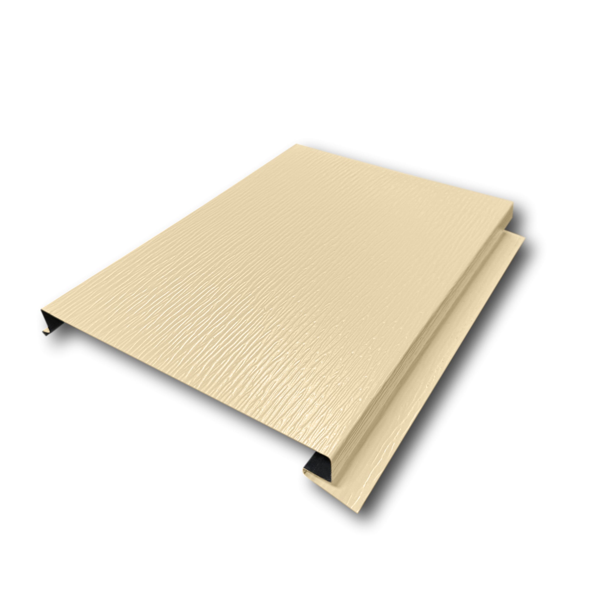 An Aluminum Soffit Panel on a white background that has a Woodgrain texture, a Solid design, and is Cream in color. 