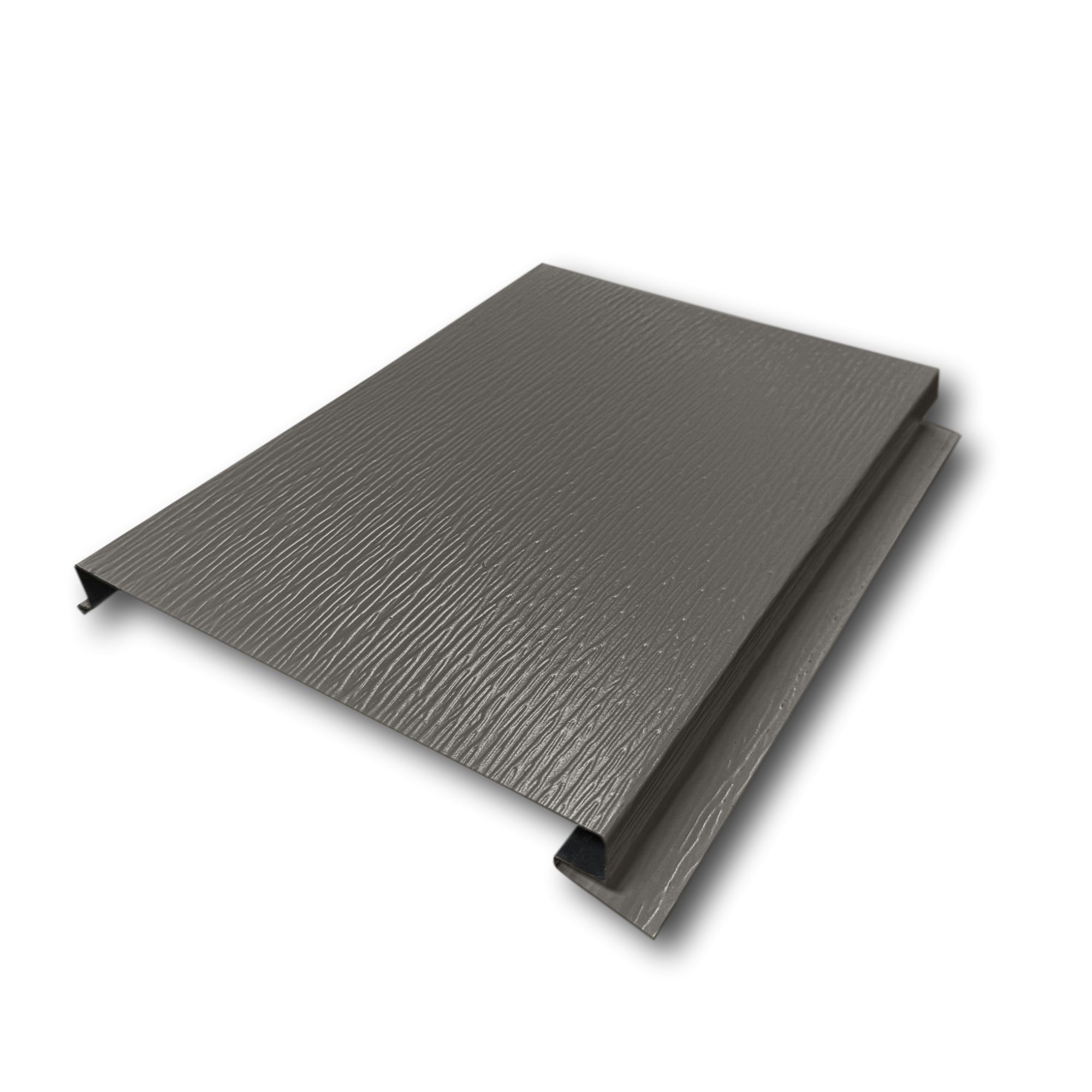 An Aluminum Soffit Panel on a white background that has a Woodgrain texture, a Solid design, and is Dark Bronze in color. 