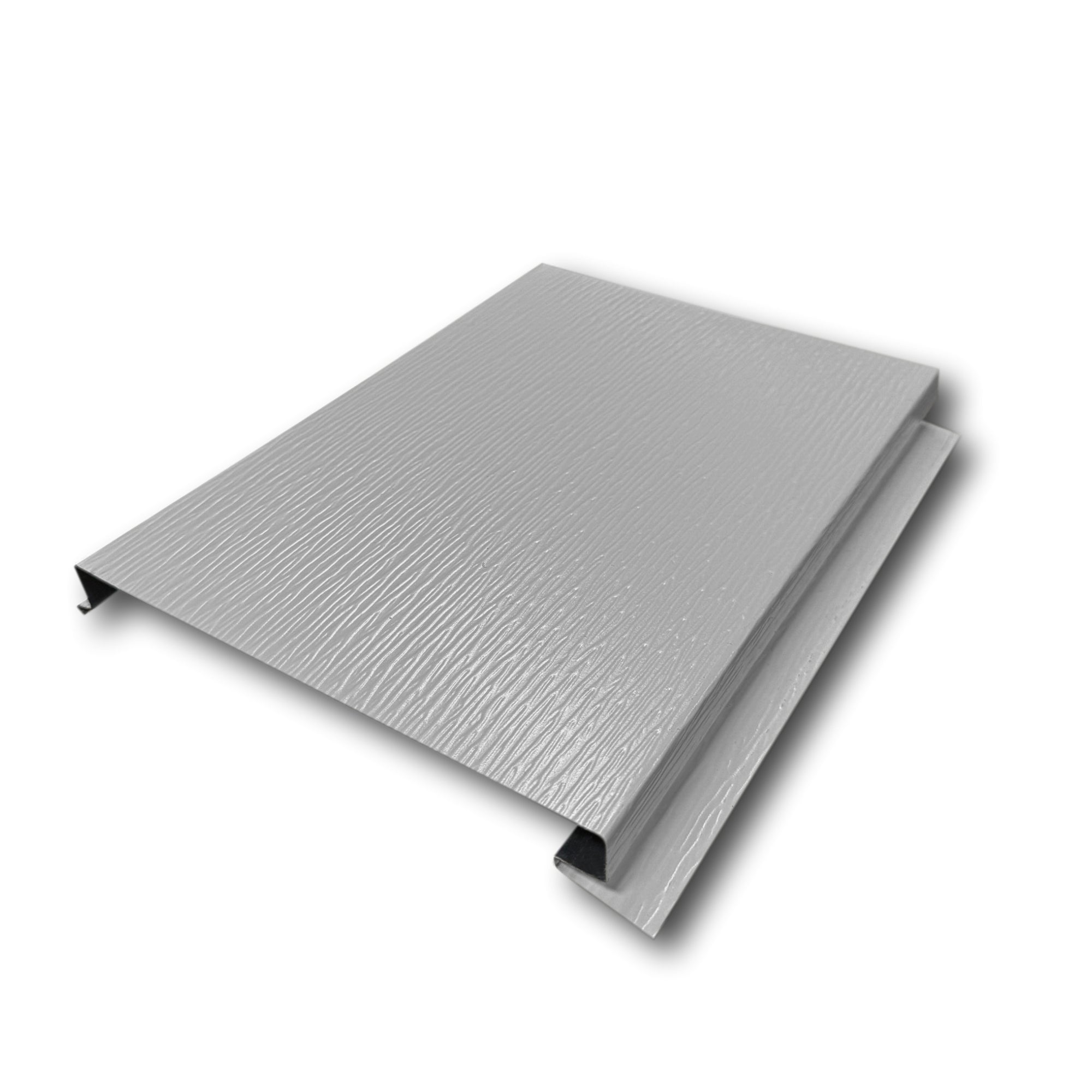 An Aluminum Soffit Panel on a white background that has a Woodgrain texture, a Solid design, and is Sterling Gray in color. 