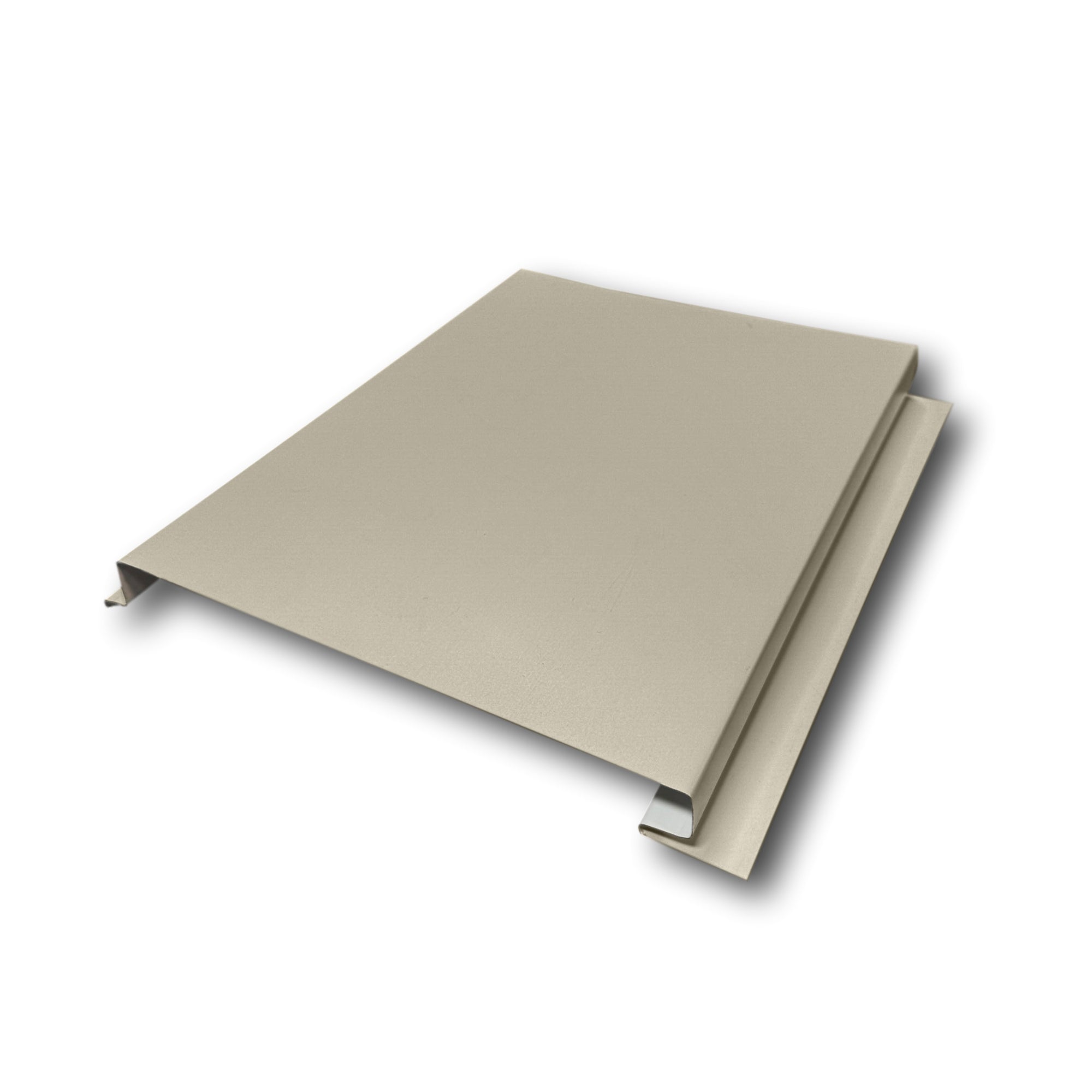 An Aluminum Soffit Panel on a white background that has a Smooth texture, a Solid design, and is Clay in color.