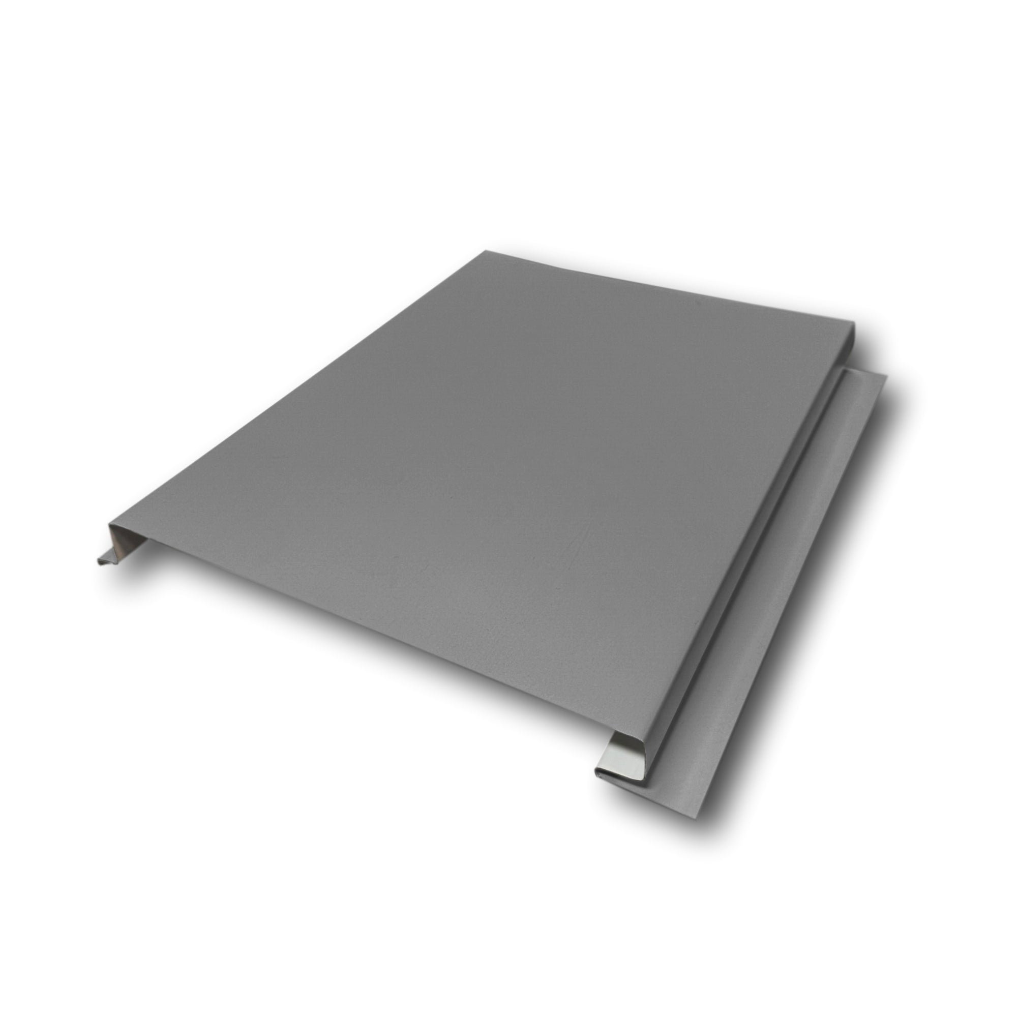 An Aluminum Soffit Panel on a white background that has a Smooth texture, a Solid design, and is Tuxedo Gray in color.