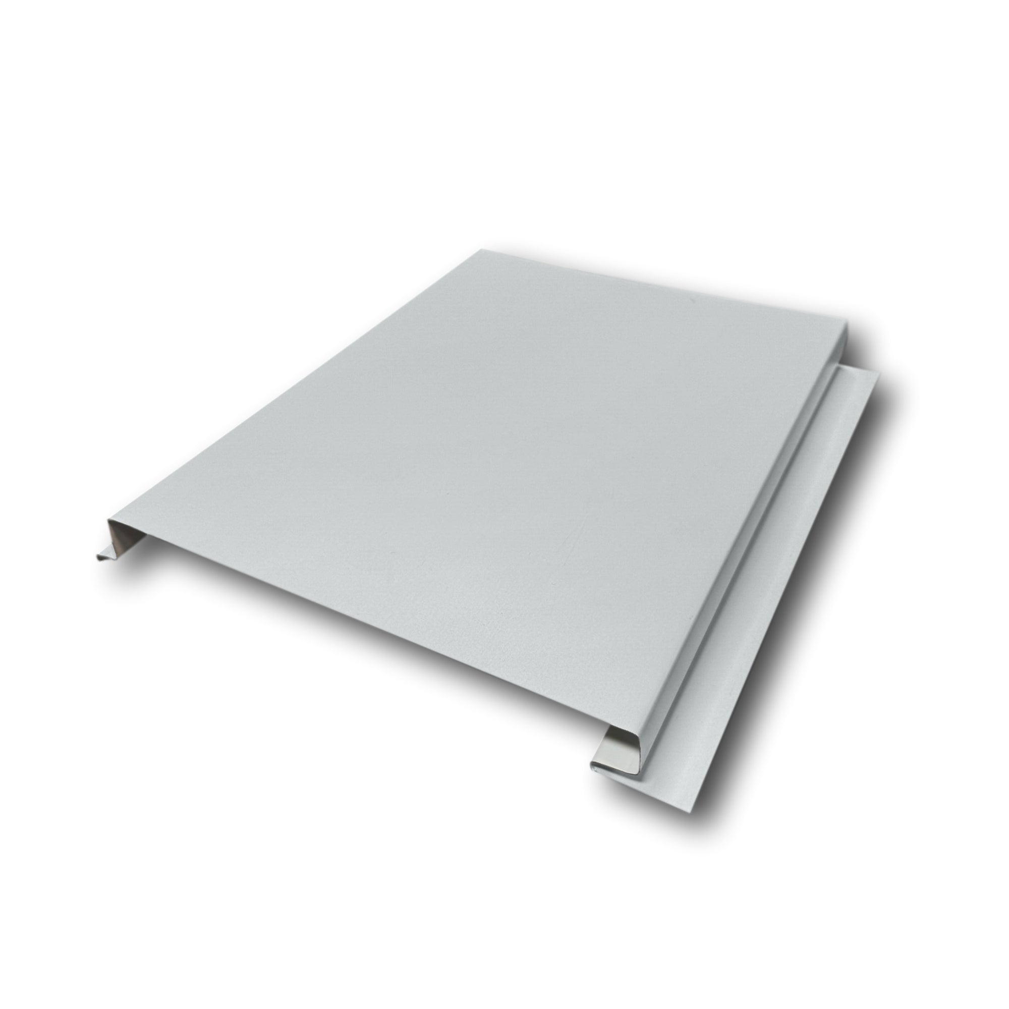 An Aluminum Soffit Panel on a white background that has a Smooth texture, a Solid design, and is Pearl Gray in color.