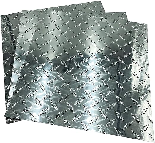 A spread of 3 Sheet Metal Squares that are Silver Aluminum Diamond Tread Plate. 
