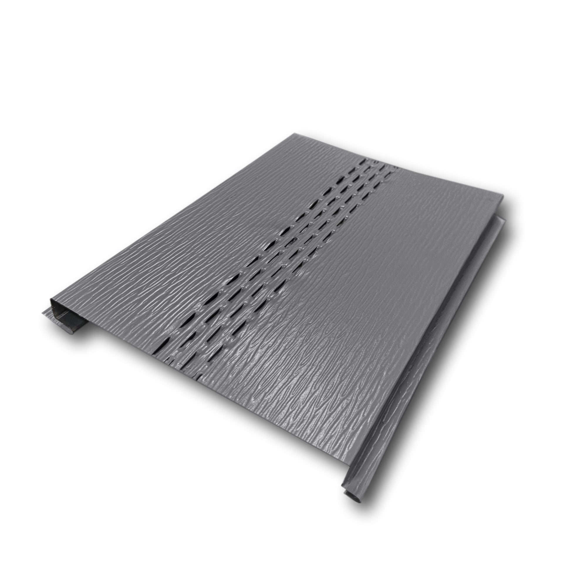 An Aluminum Soffit Panel on a white background that has a Woodgrain texture, a Vented design, and is Charcoal Gray in color.