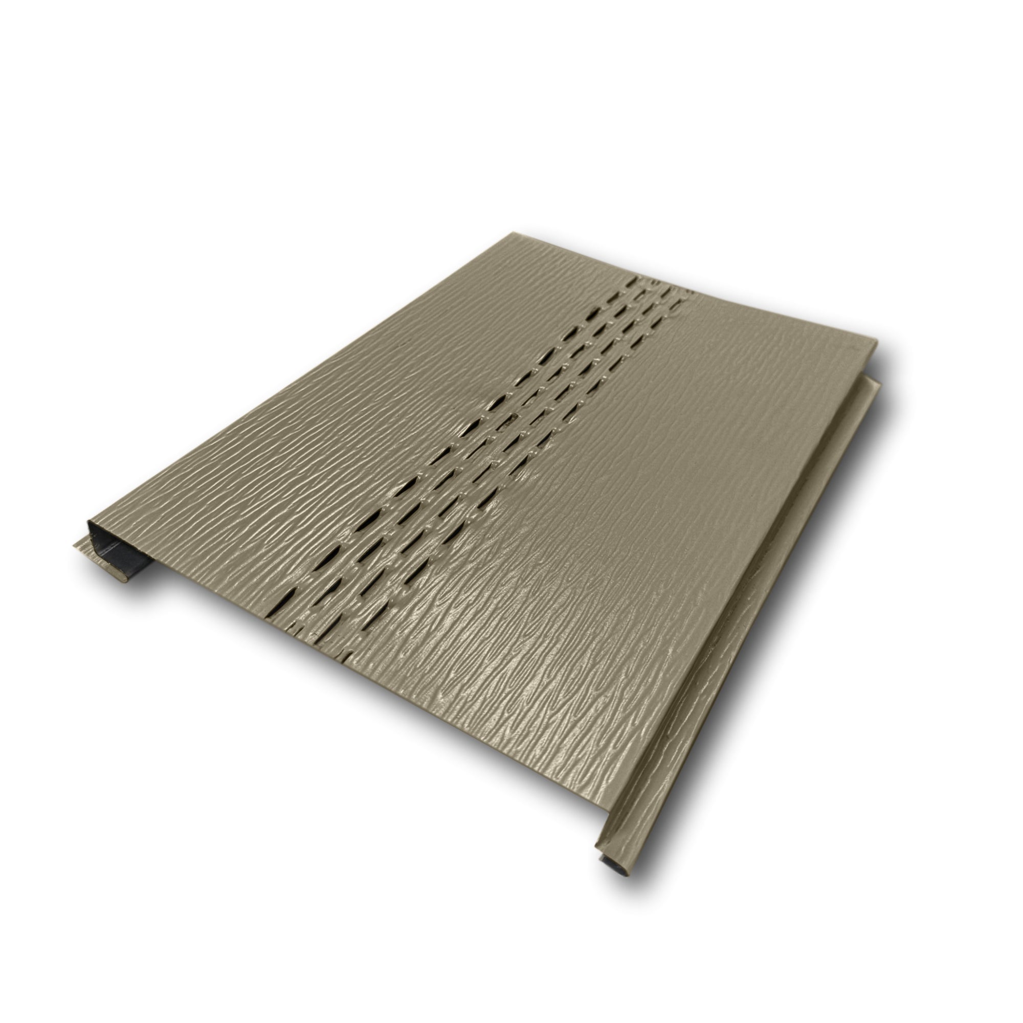 An Aluminum Soffit Panel on a white background that has a Woodgrain texture, a Vented design, and is Clay in color.