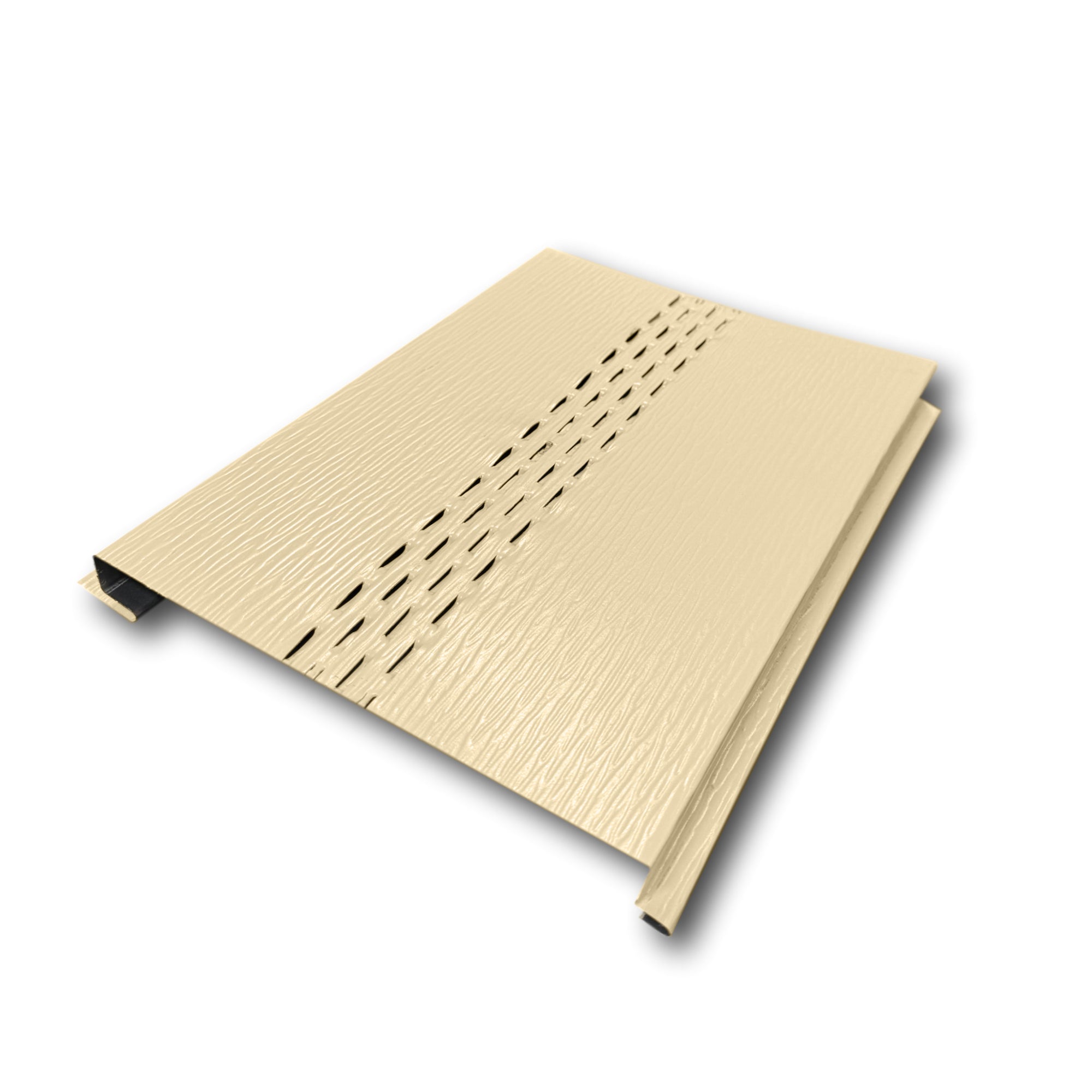 An Aluminum Soffit Panel on a white background that has a Woodgrain texture, a Vented design, and is Cream  in color.