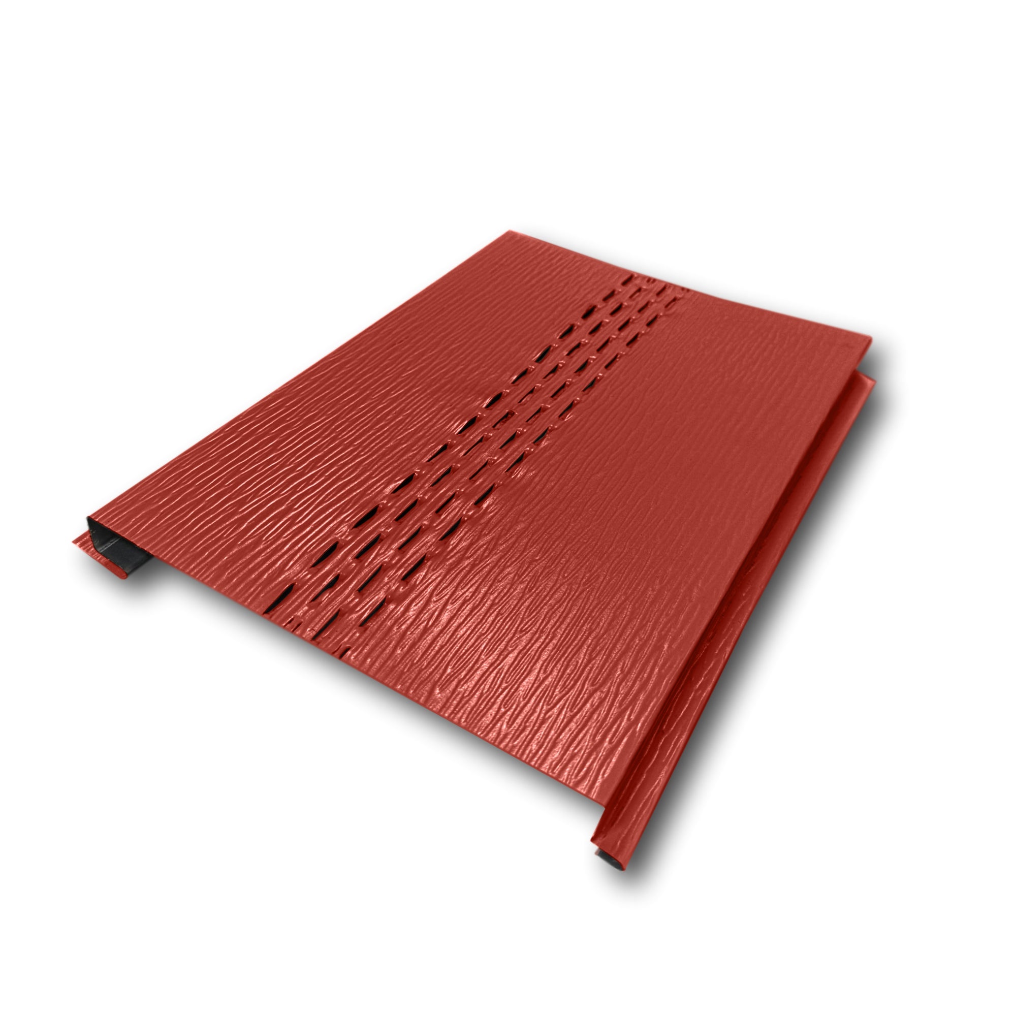 An Aluminum Soffit Panel on a white background that has a Woodgrain texture, a Vented design, and is Lighthouse Red in color.