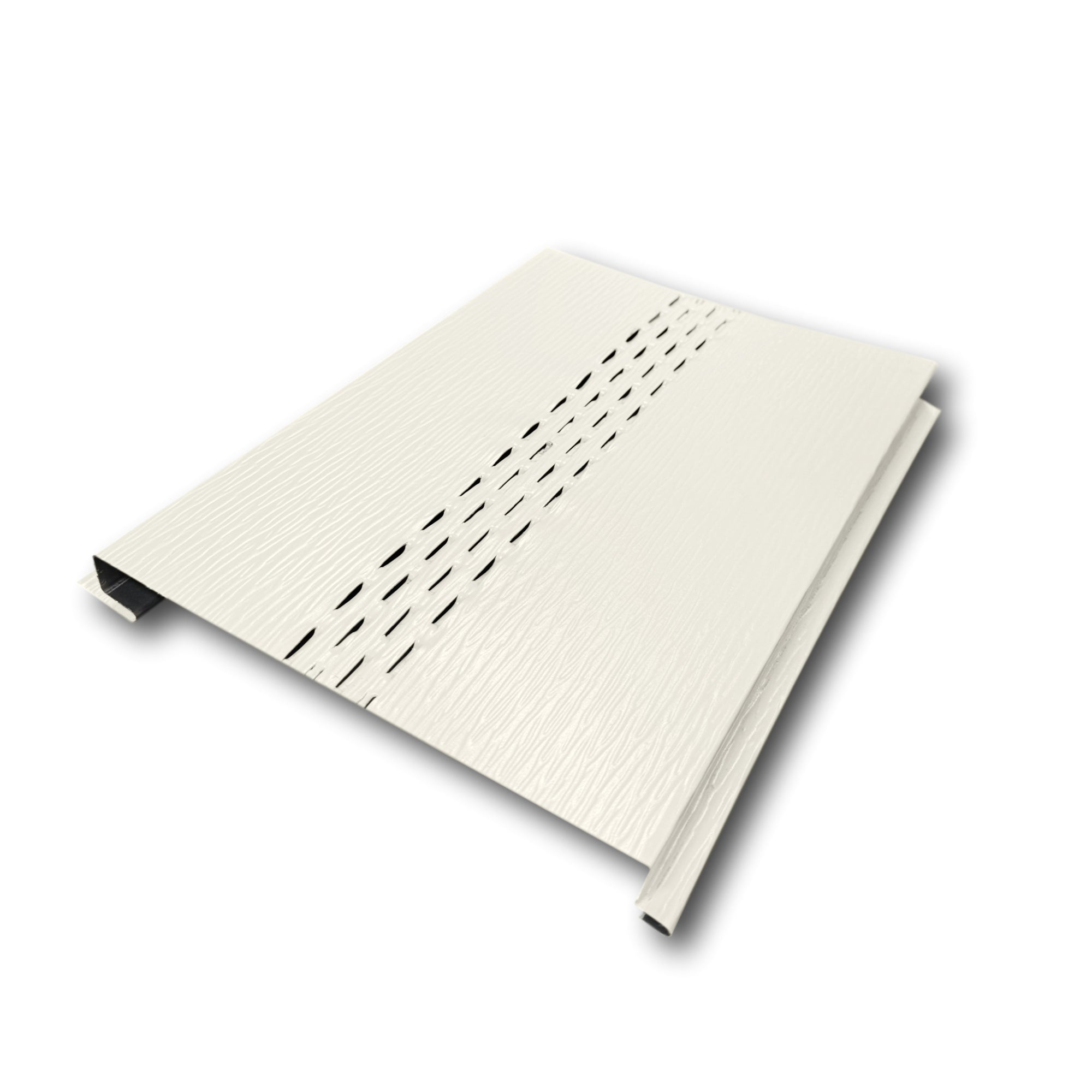 An Aluminum Soffit Panel on a white background that has a Woodgrain texture, a Vented design, and is Linen in color.