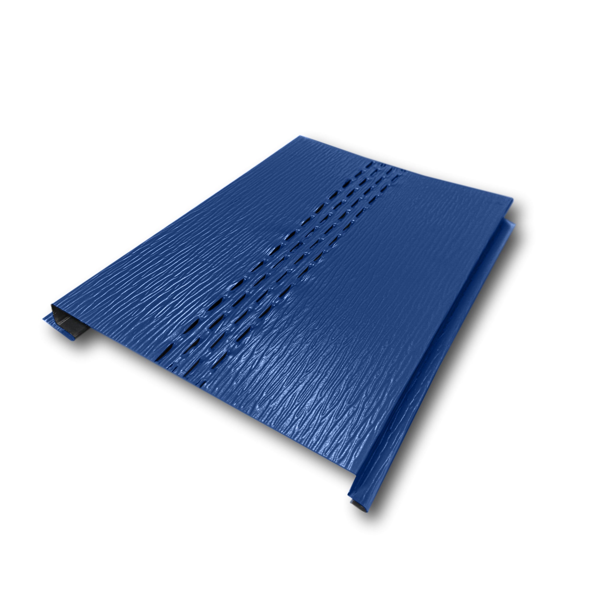 An Aluminum Soffit Panel on a white background that has a Woodgrain texture, a Vented design, and is Midnight Blue in color.