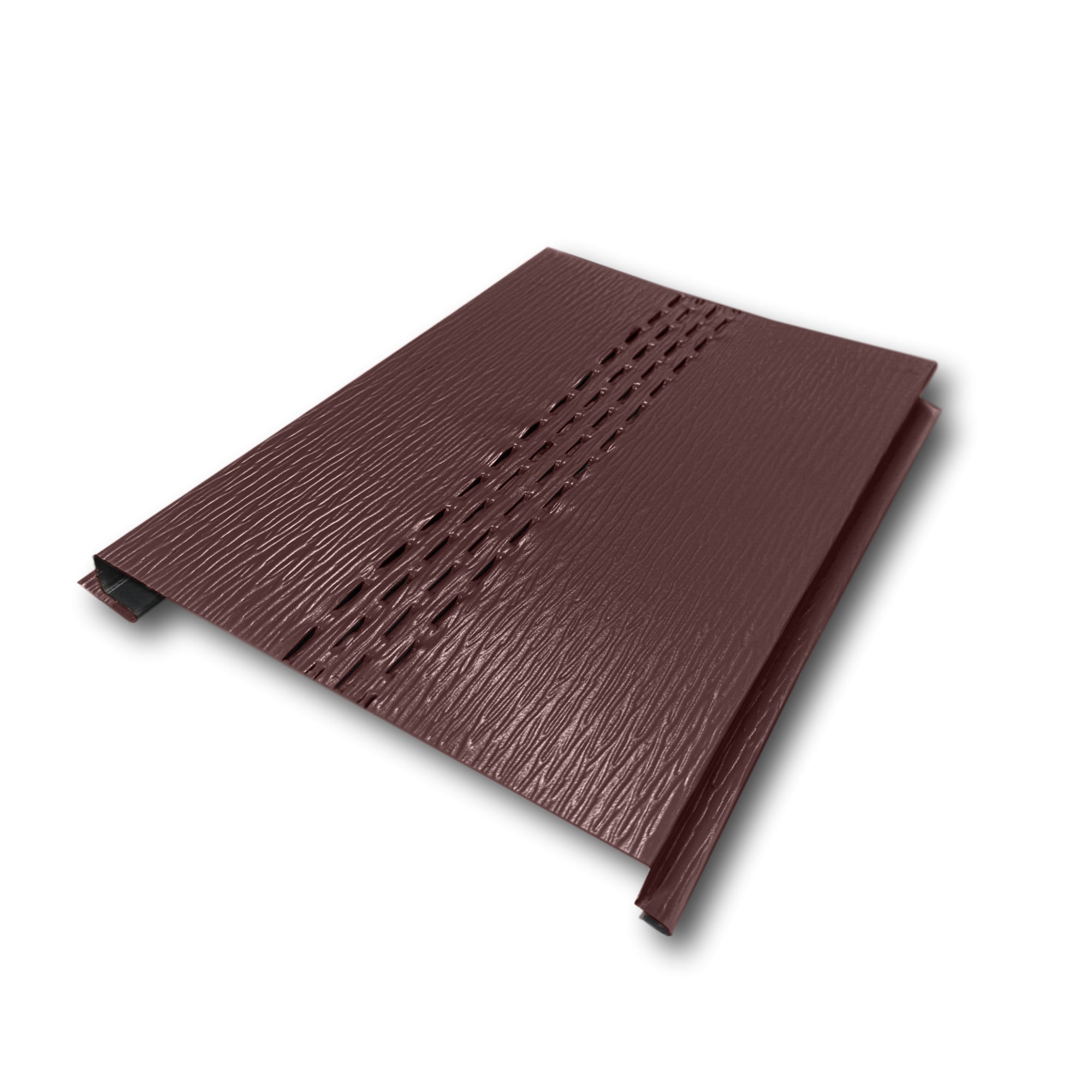 An Aluminum Soffit Panel on a white background that has a Woodgrain texture, a Vented design, and is Musket Brown in color.