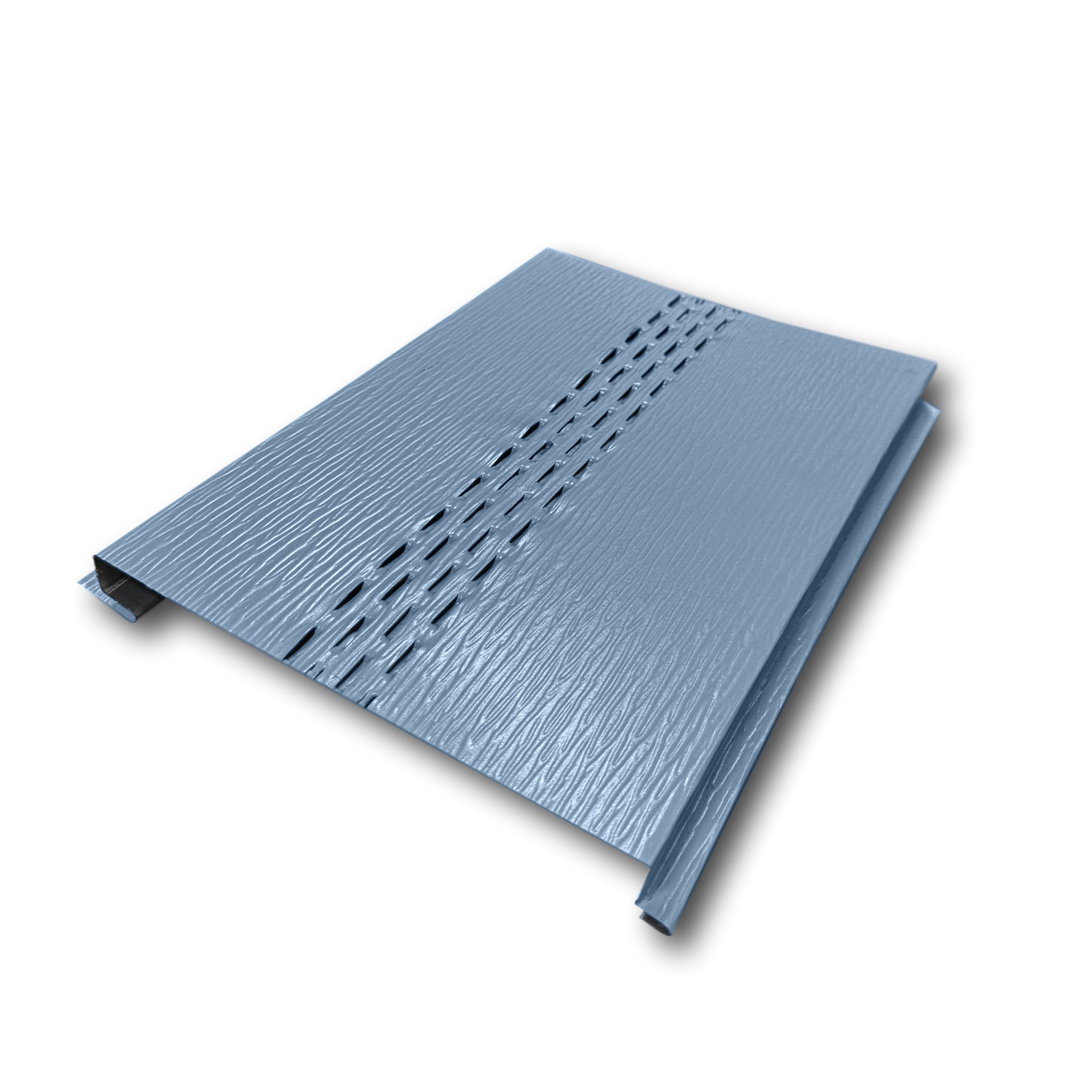 An Aluminum Soffit Panel on a white background that has a Woodgrain texture, a Vented design, and is Polaris Blue in color.