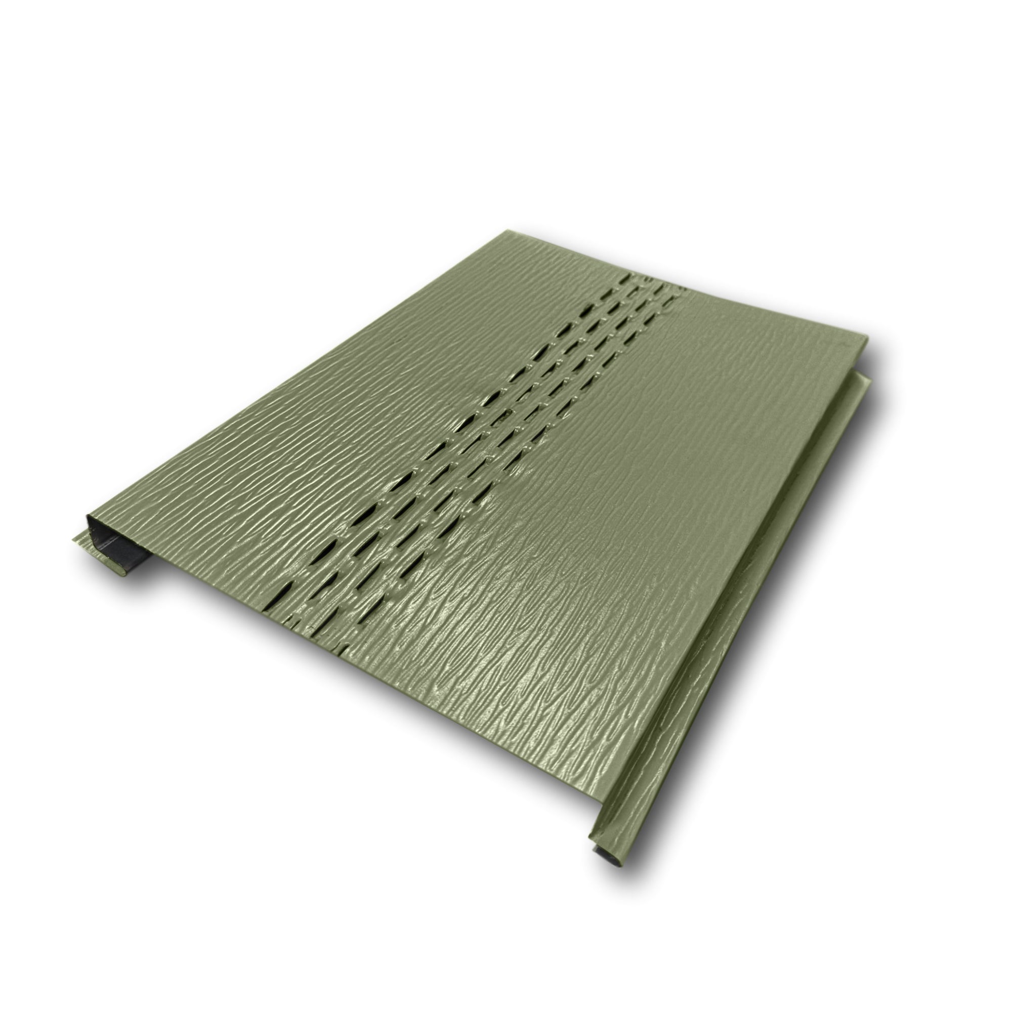 An Aluminum Soffit Panel on a white background that has a Woodgrain texture, a Vented design, and is Spruce Green in color.
