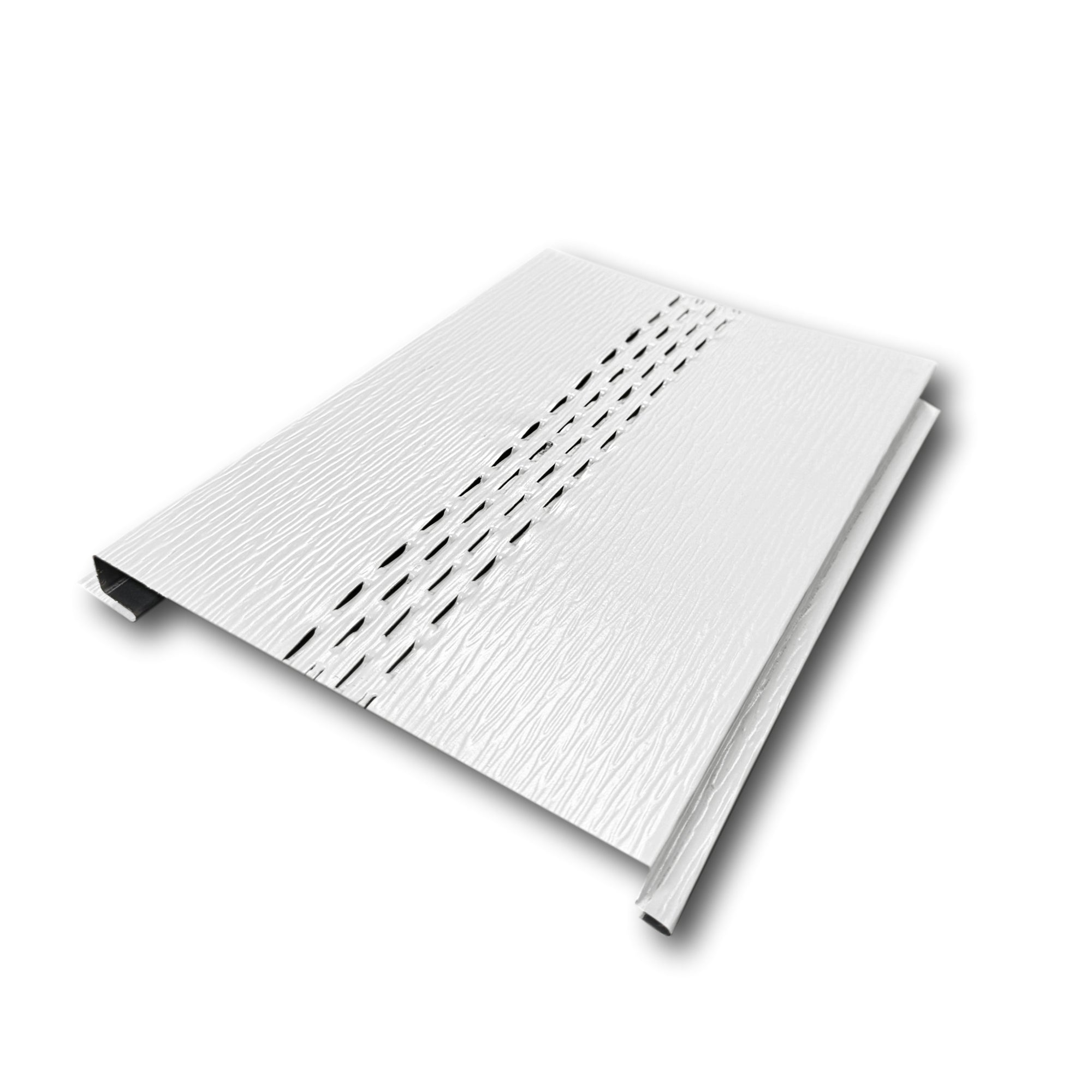 An Aluminum Soffit Panel on a white background that has a Woodgrain texture, a Vented design, and is White in color.