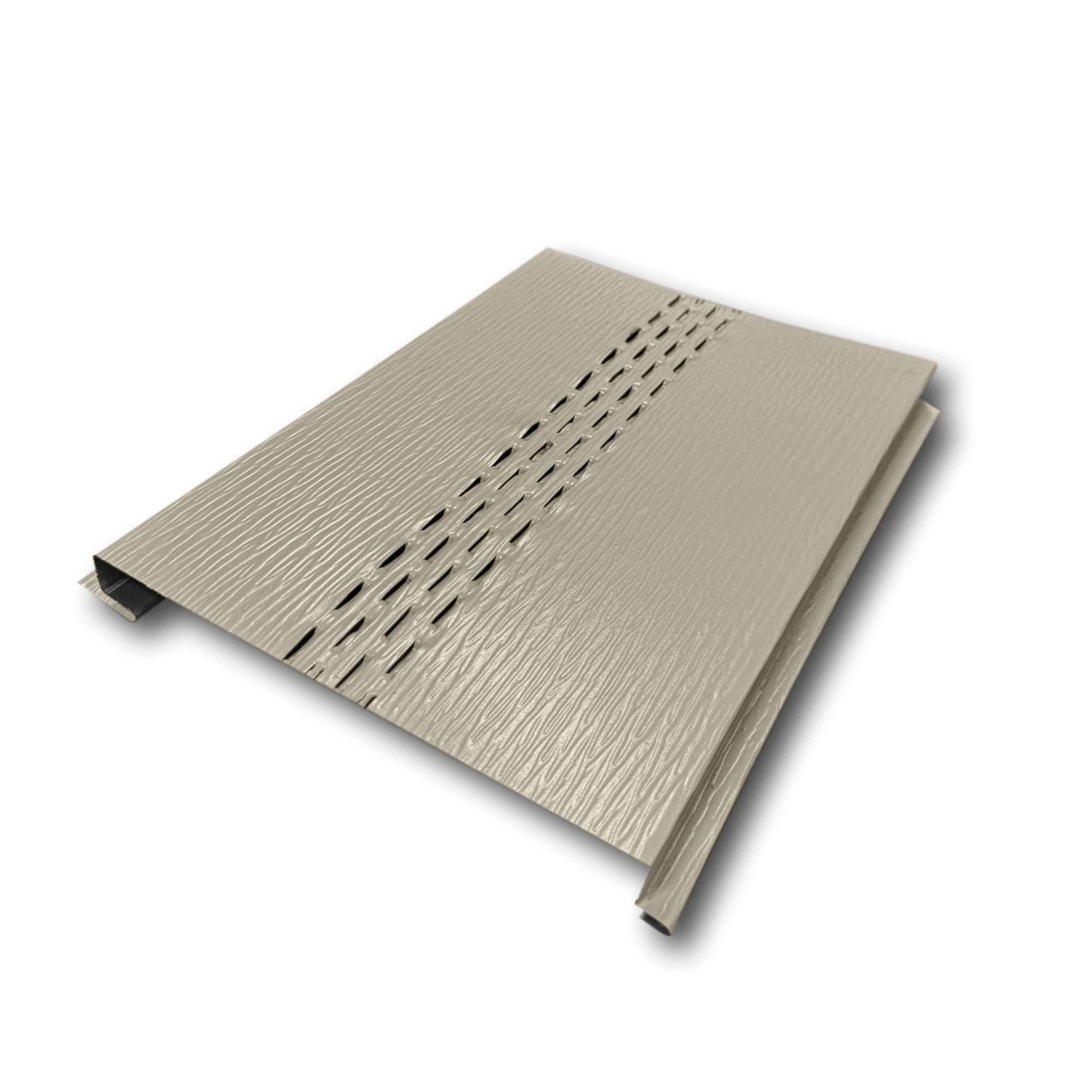 An Aluminum Soffit Panel on a white background that has a Woodgrain texture, a Vented design, and is Wicker in color.