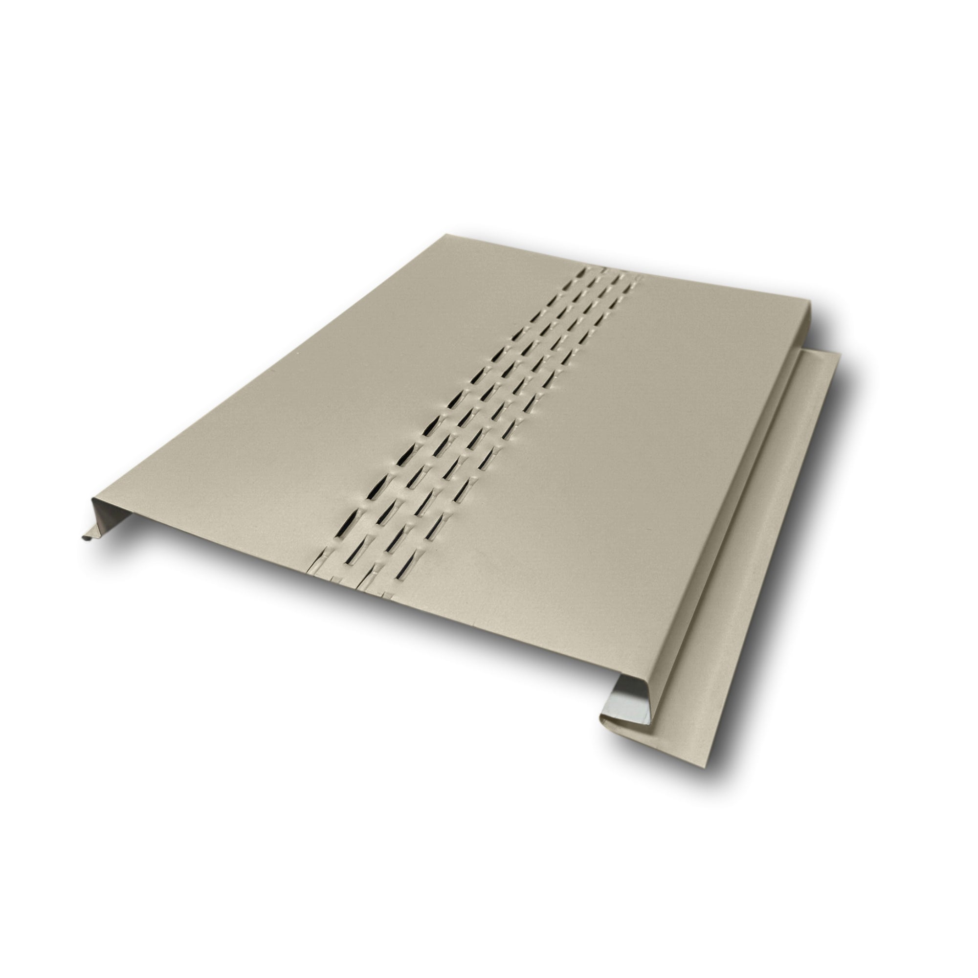 An Aluminum Soffit Panel on a white background that has a Smooth texture, a Vented design, and is Clay in color.